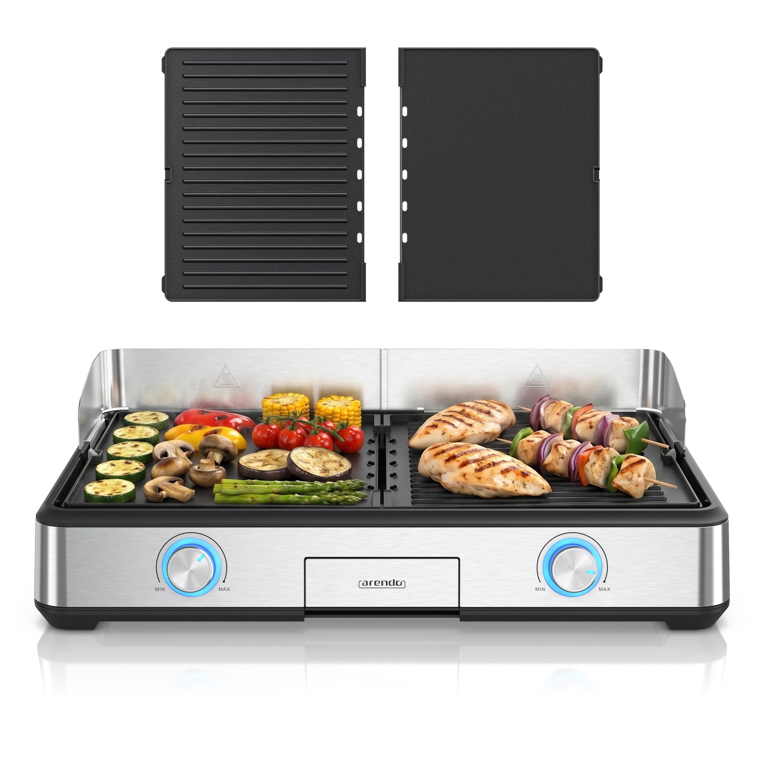 Arendo Tischgrill Gourmet Edelstahl Elektrogrill, 2 Grillzonen, elektrisch, Spritzschutz, 2800 W, Antihaftbeschichtung, Temperaturregelung, für Balkon, Garten & Indoor