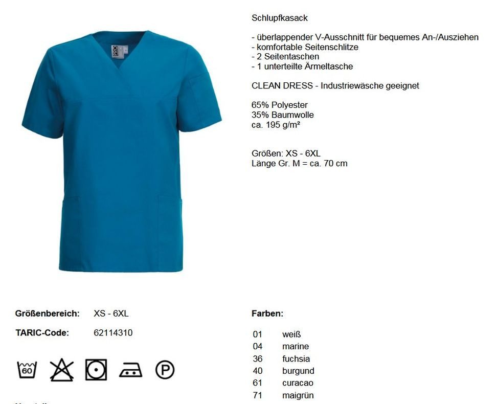 Leiber Arbeitsjacke Schlupfkasack Schlupfjacke unisex OP Bekleidung Industriewäsche geeignet