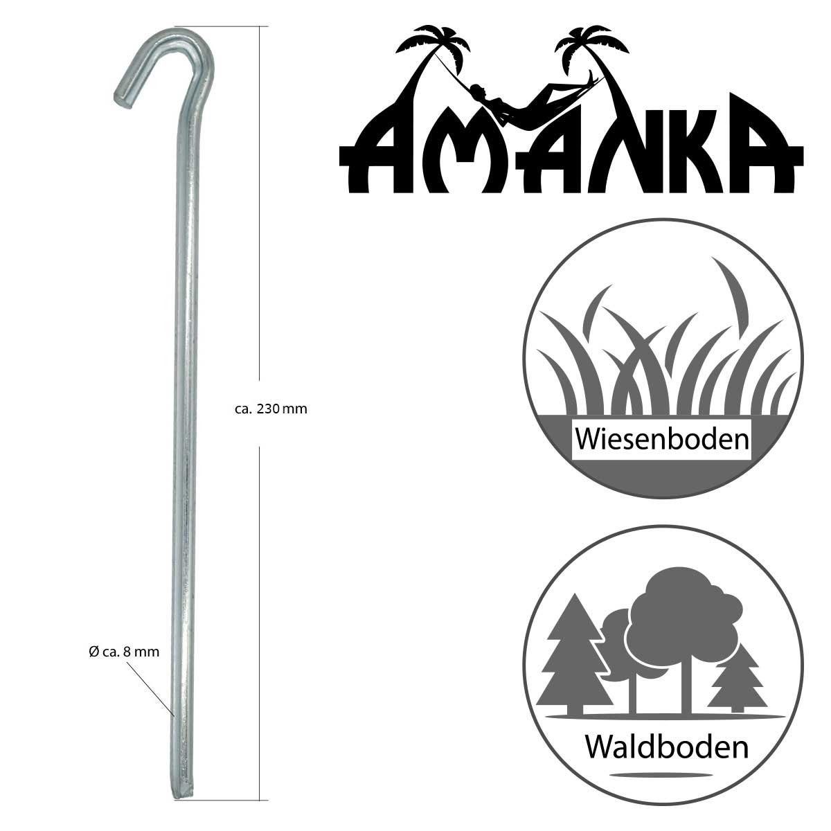AMANKA Zelthering Set: 5 Stabile Erdnägel für Zelte - 230 mm Camping Heringe Verzinkt, Bodenanker mit Dreikant-Profil für steinige Böden & harte Belastung