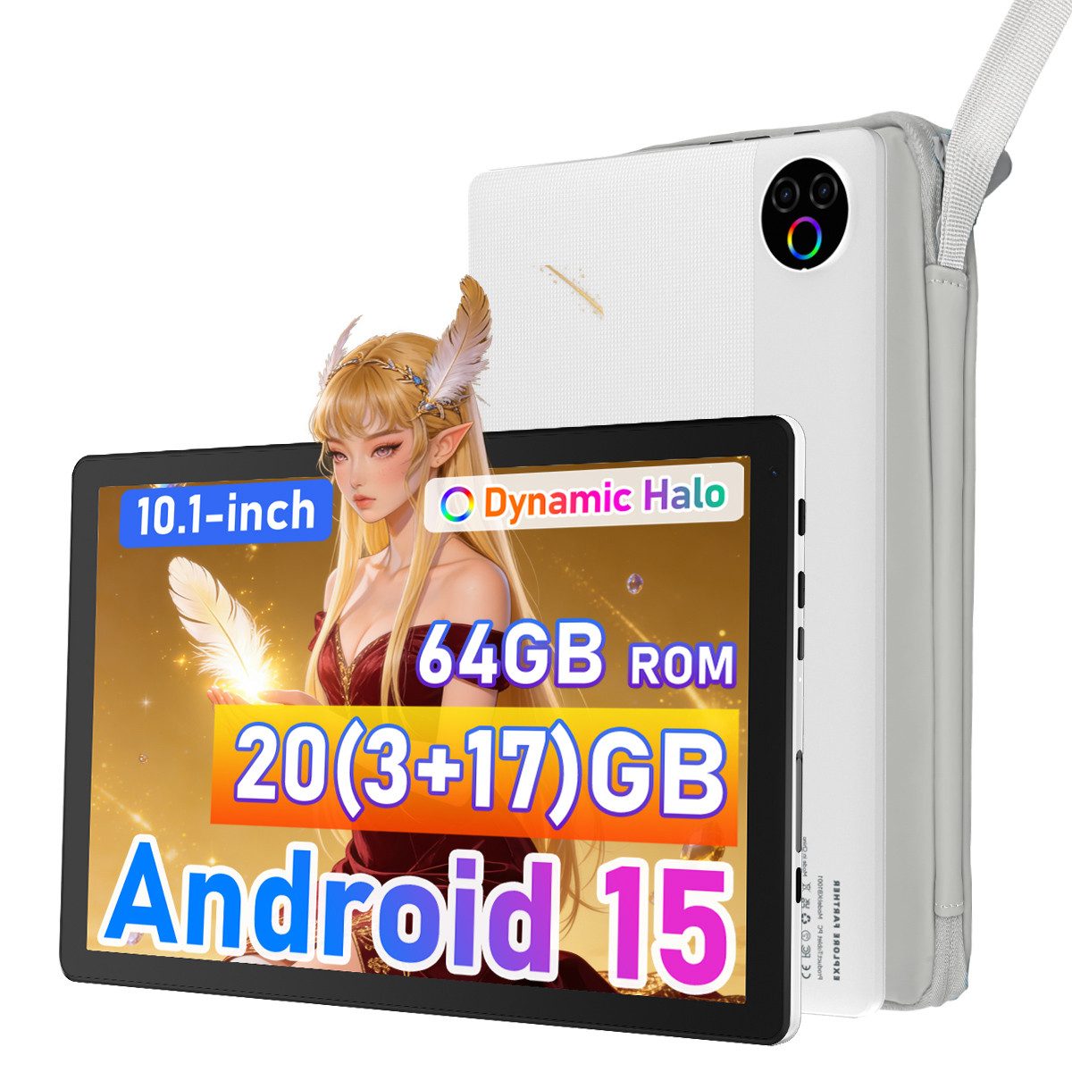 Happybe 10 Zoll 20(3+17)GB RAM + 64GB Android 15 HD-Touchscreen Tablet (10", 64 GB, Android, WiFi, Leistungsstark & komplett: mit Augenschutz-Display & Transporttasche)