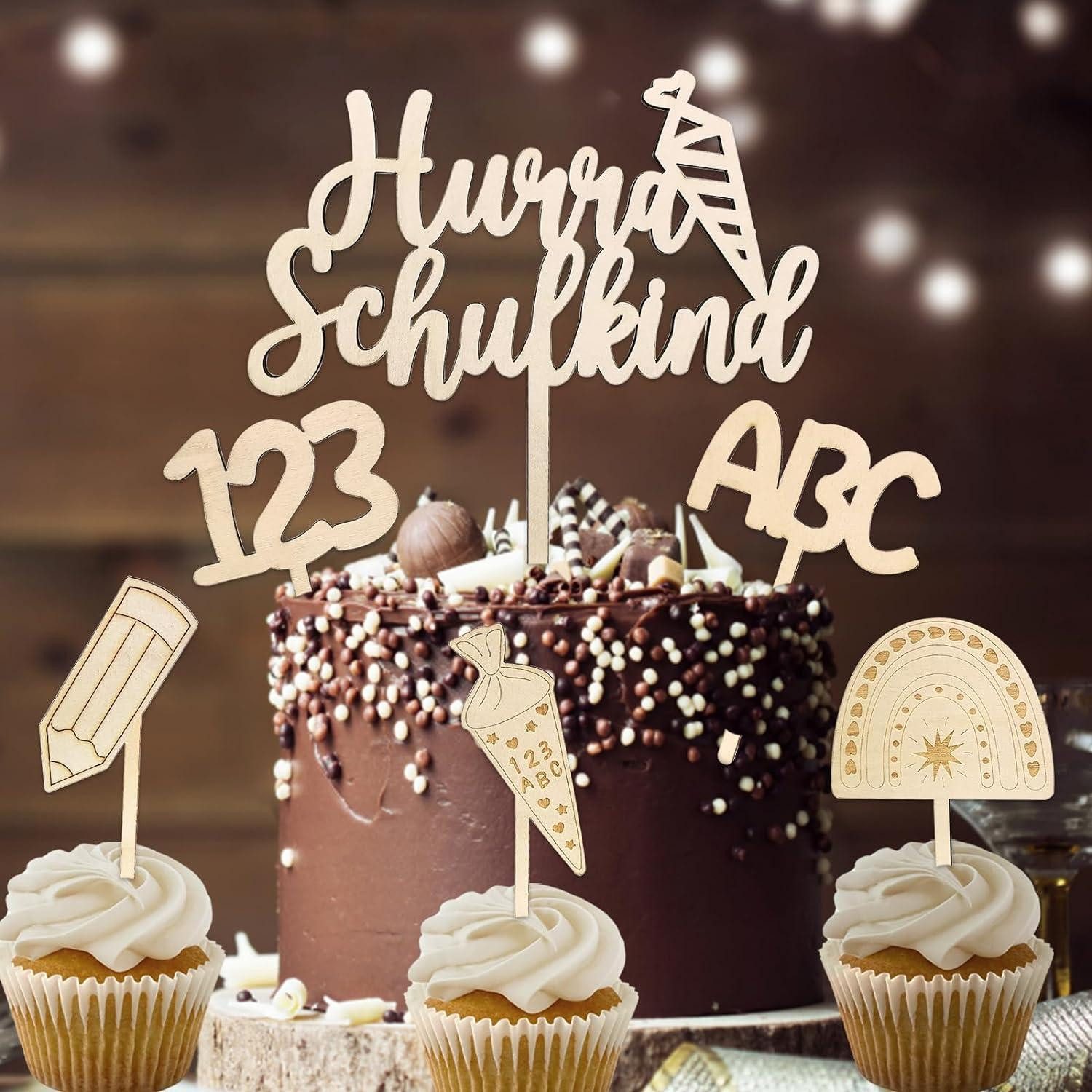 Dekohänger Tortendeko Einschulung Schulanfang Holz Kuchendeko Hurra ABC 123