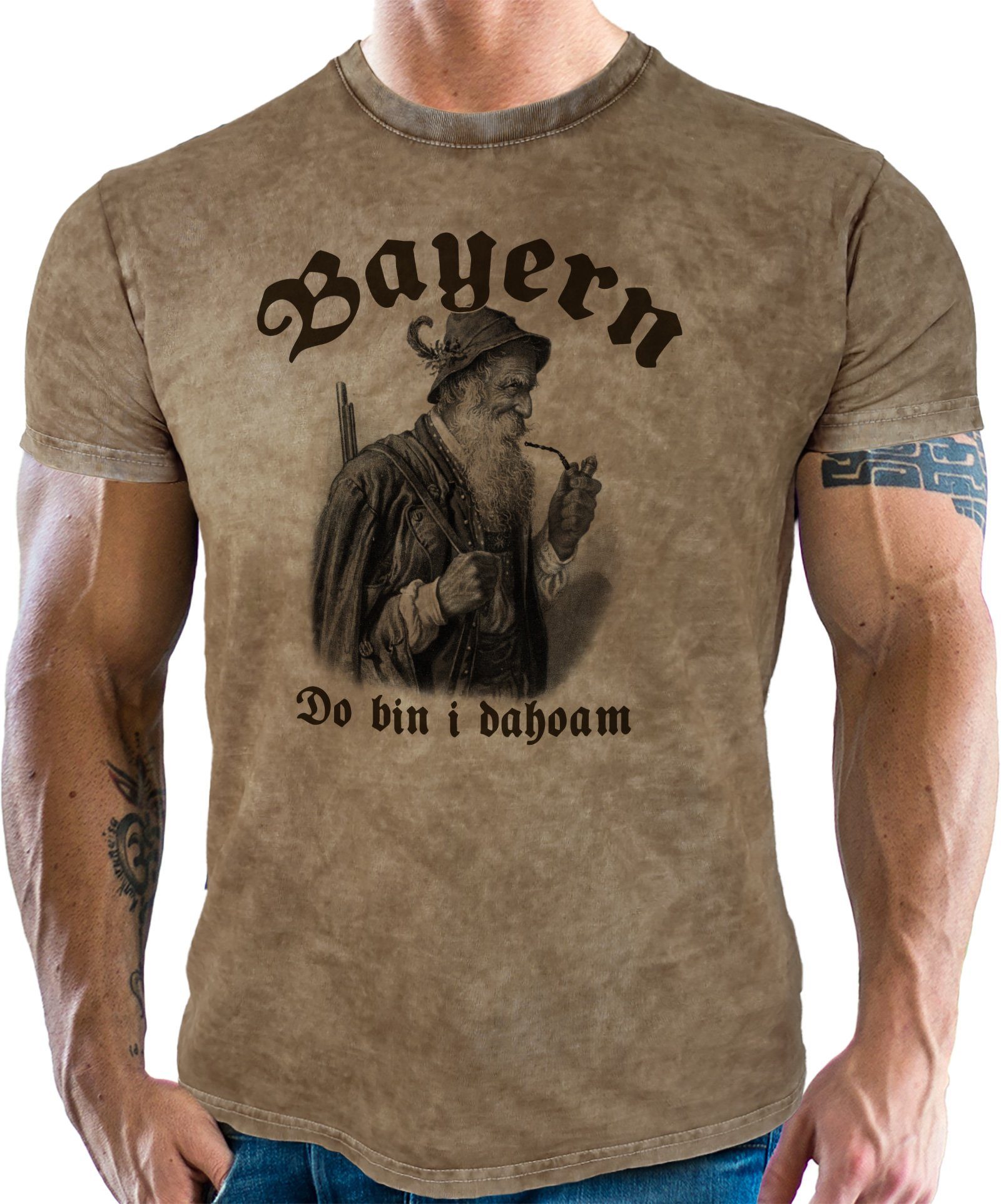LOBO NEGRO® T-Shirt für Trachten Bayern Fans im Used Vintage Retro Look - Do bin i Dahoam