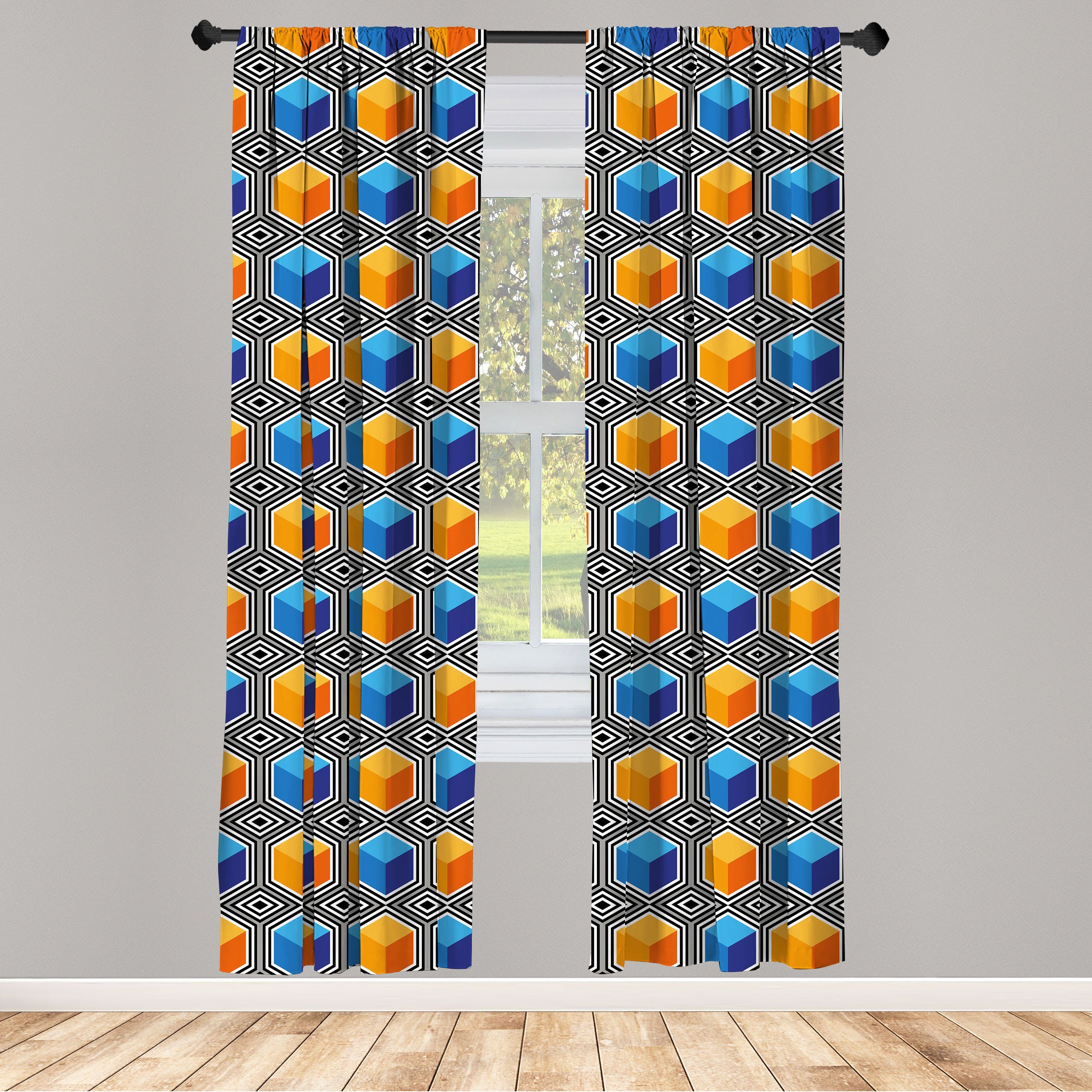 Gardine Vorhang für Wohnzimmer Schlafzimmer Dekor, Abakuhaus, Microfaser, Abstrakt Optische Täuschung Rhombus