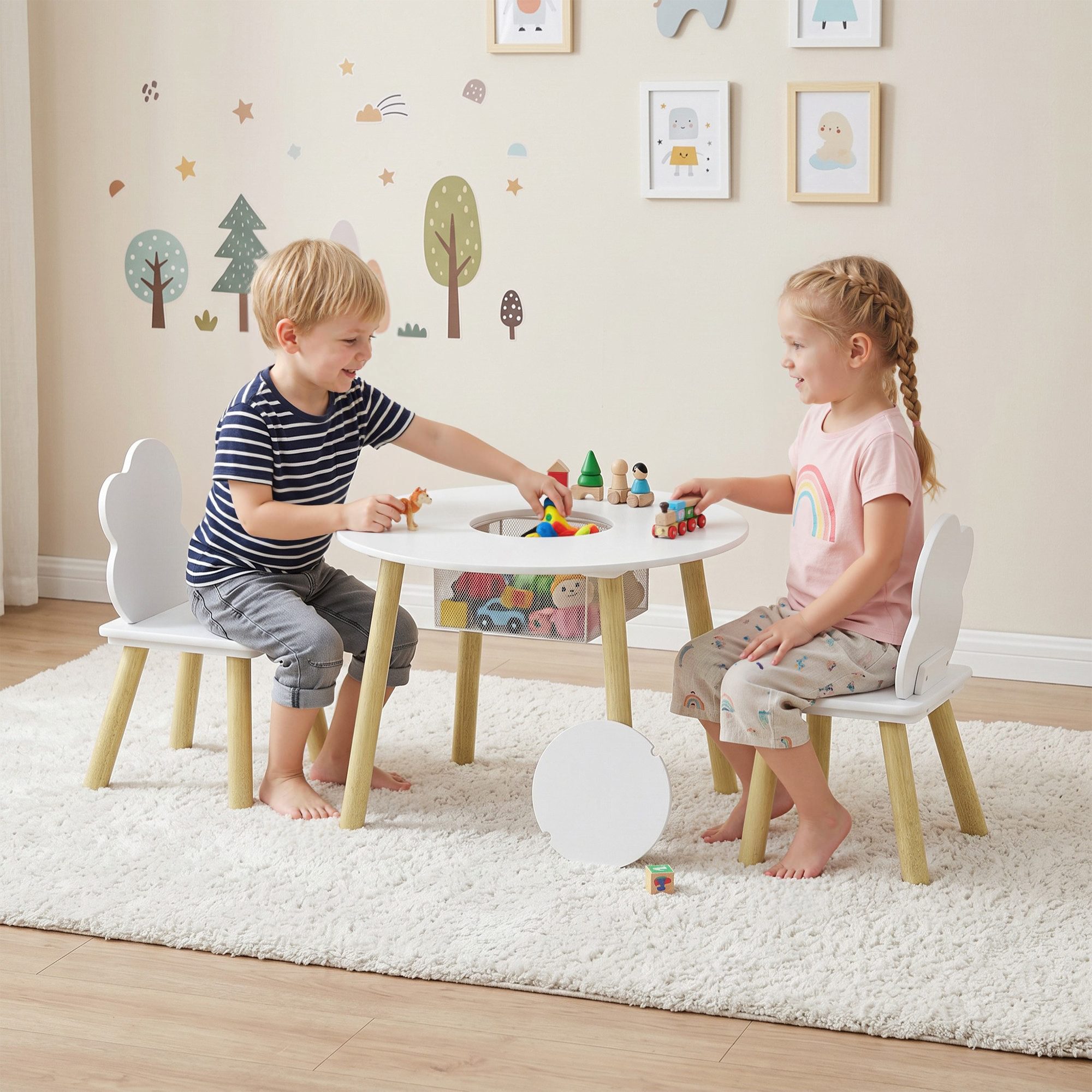AIYAPLAY Kindersitzgruppe Kinder Tisch Stuhl Set mit Aufbewahrungsnetz, (mit Holzbeinen, 3-tlg., 1 Tisch, 2 Stühle), für Kinderzimmer, für 3-6 Jahre Kinder, Weiß