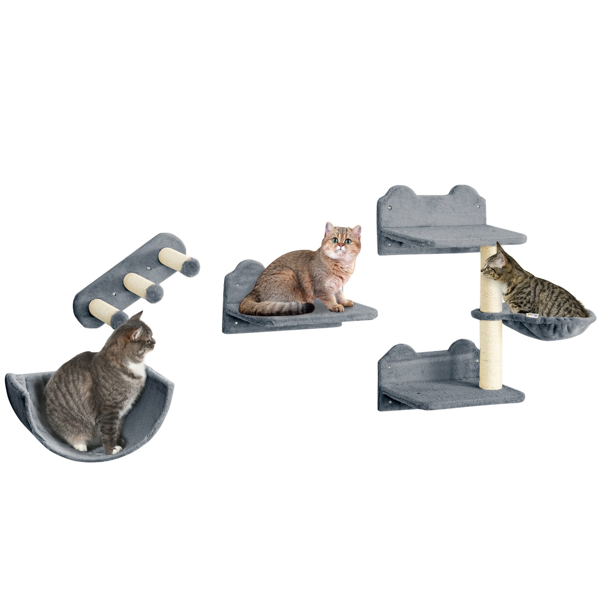 PawHut Katzen-Kletterwand 4 tlg. mit Kaztentreppe, Hängematte, Sprungplatt, Wandkratzbaum, für Katzen bis 5 kg, Polyester, grau
