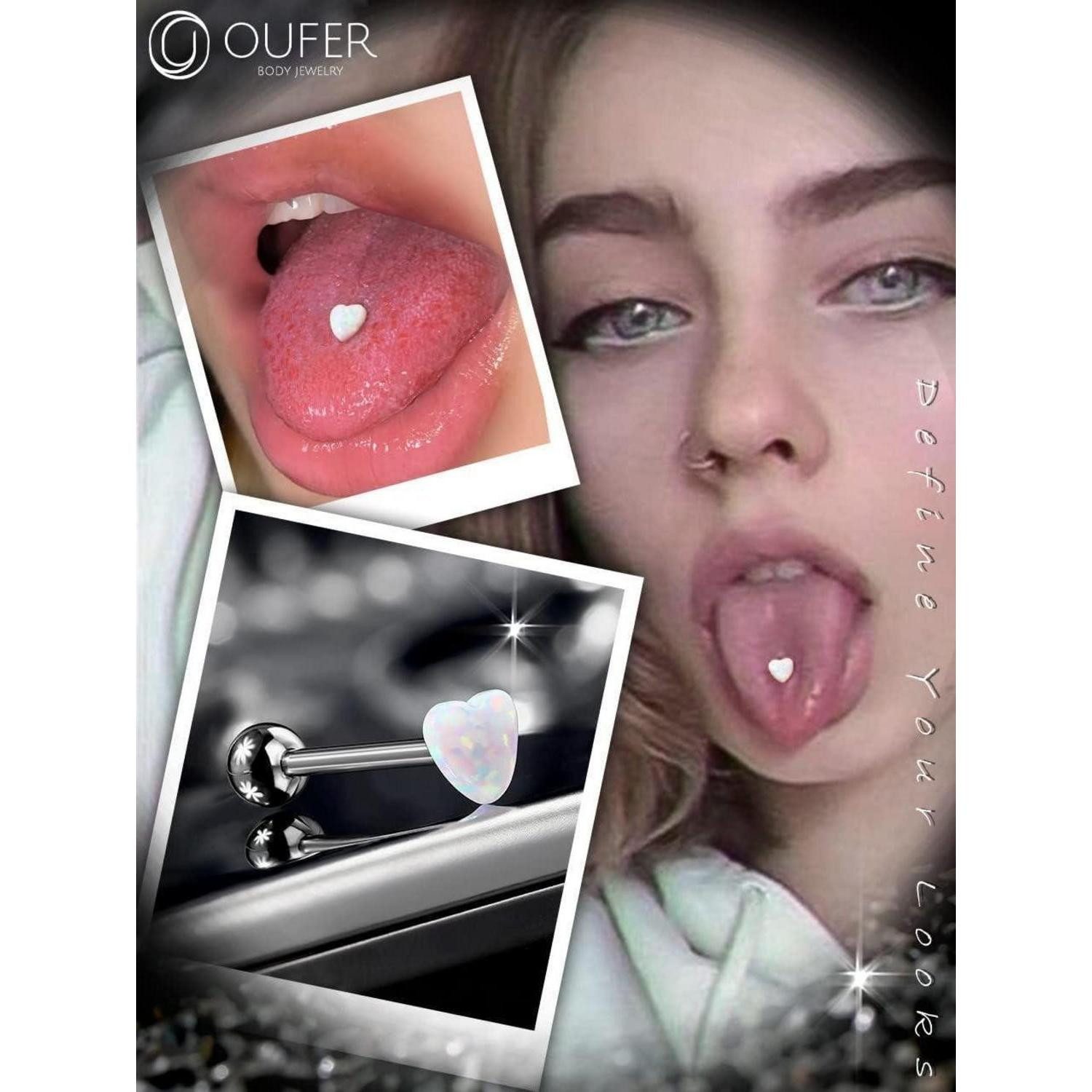 OUFER Intimpiercing Zungenpiercing Titan Herz Opal Tongue Bar 16mm 14G 1.6mm