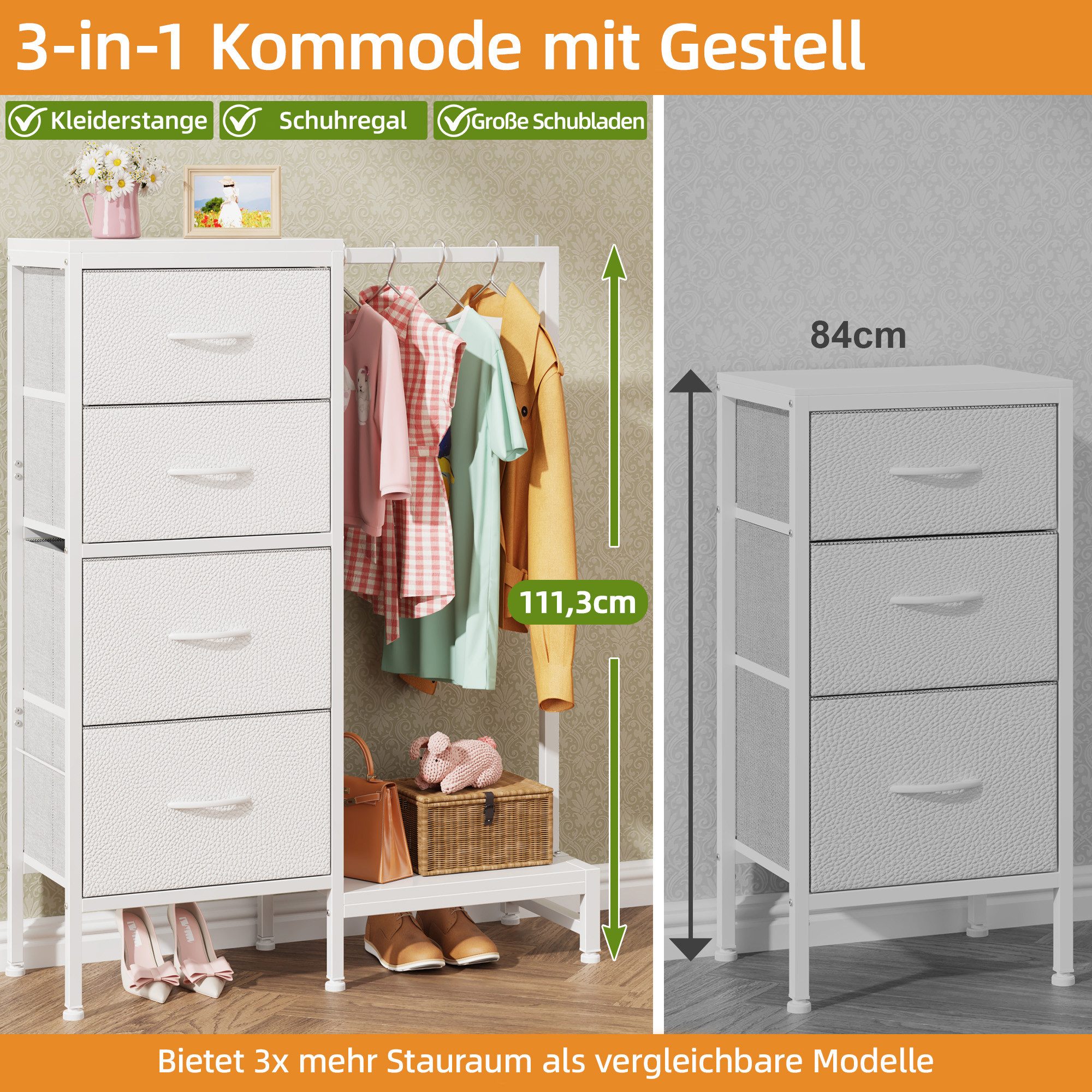 OYRREU Kinderkleiderschrank Kommode mit Kleiderstange & Schuhregal, platzsparend (Aufbewahrungsschrank-Set 1-St., mit 4 Stoffschubladen, Schuhablage) 3-in-1 Organizer Schlafzimmer Garderober
