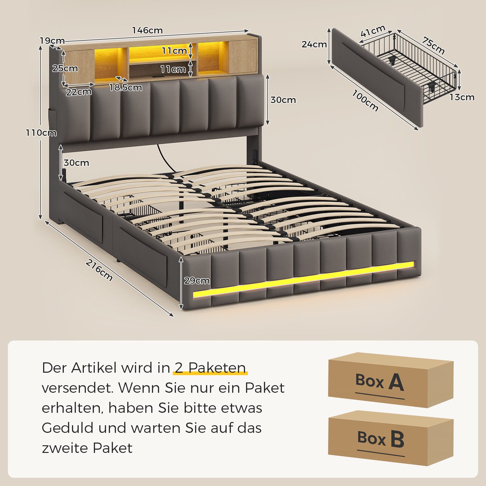 KIMENICH Polsterbett Bettgestell mit LED-Beleuchtung, 4 günstig online kaufen