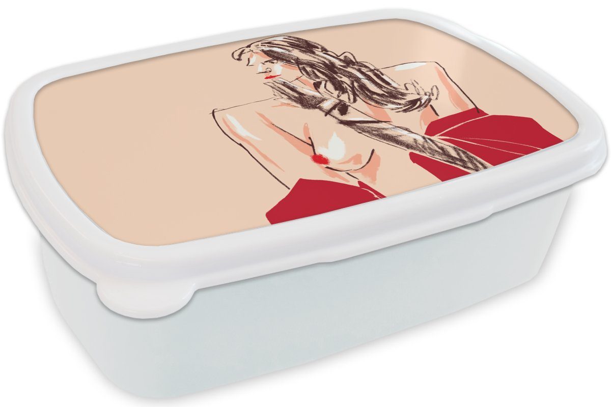 MuchoWow Lunchbox Frau - - Pastell und Rot, für weiß Jungs Porträt für Brotbox Brotdose, Kinder - (2-tlg), Kunststoff, Mädchen Erwachsene, und