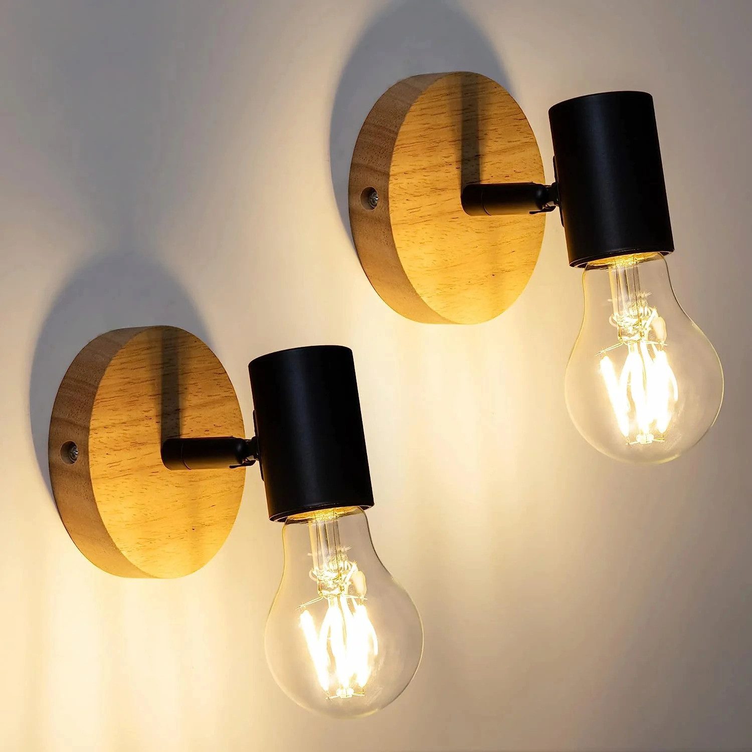 Riserva Wandleuchte Industrielle Wandlampe Holz Schwarz, 2er-Set, E27, 10x10cm
