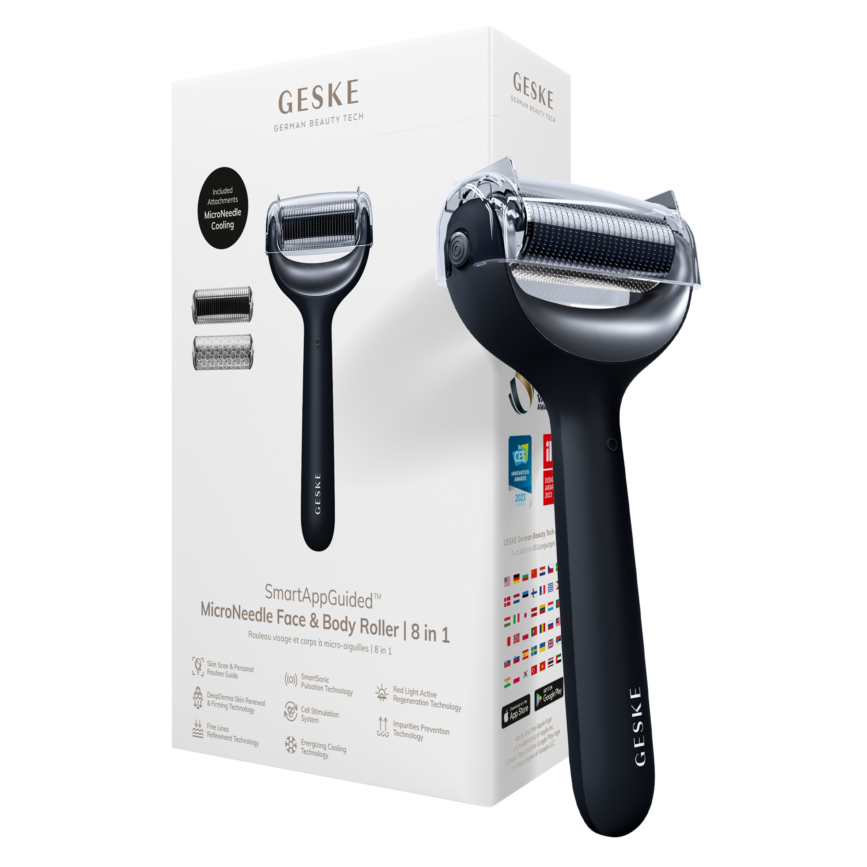 GESKE German Beauty Tech Micro-Needling SmartAppGuided™ MicroNeedle Face & Body Roller 8 in 1, Packung (Gerät & USB-Ladekabel), 4-tlg., Gerät inkl. kostenloser APP (SmartAppGuided Device), Mit der GESKE App erhältst Du deine personalisierte Hautpflegeroutine.