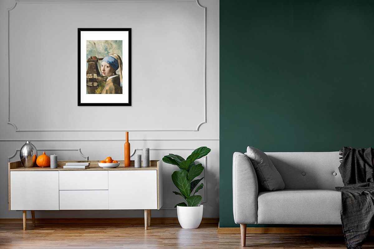 MuchoWow St), Poster, Mühle, (1 mit Rahmen, - Kunstdruck, Perlenohrring - Bilderrahmen Das mit Gerahmtes dem Schwarzem Mädchen Vermeer Johannes Poster