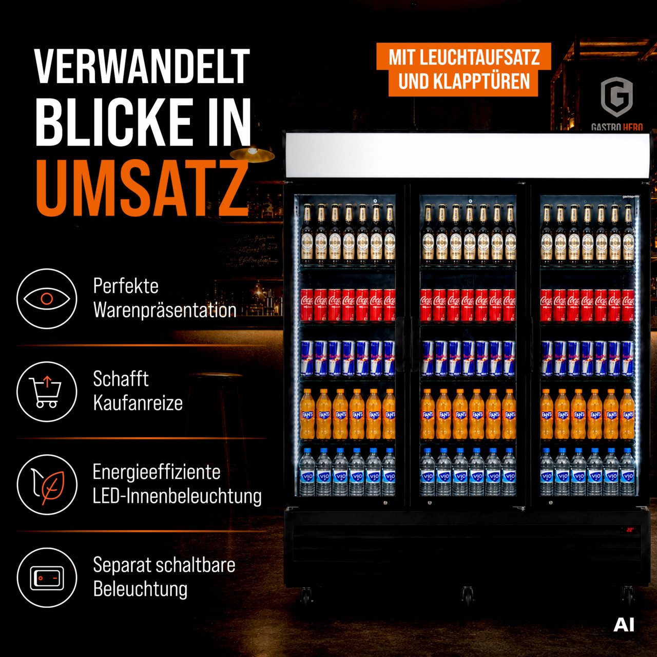 GastroHero Getränkekühlschrank Getränkekühlschrank 1500 mit Klapptüren, schwarz, LED, Leuchtaufsa GKS-1500KT, 213.5 cm hoch, 171 cm breit