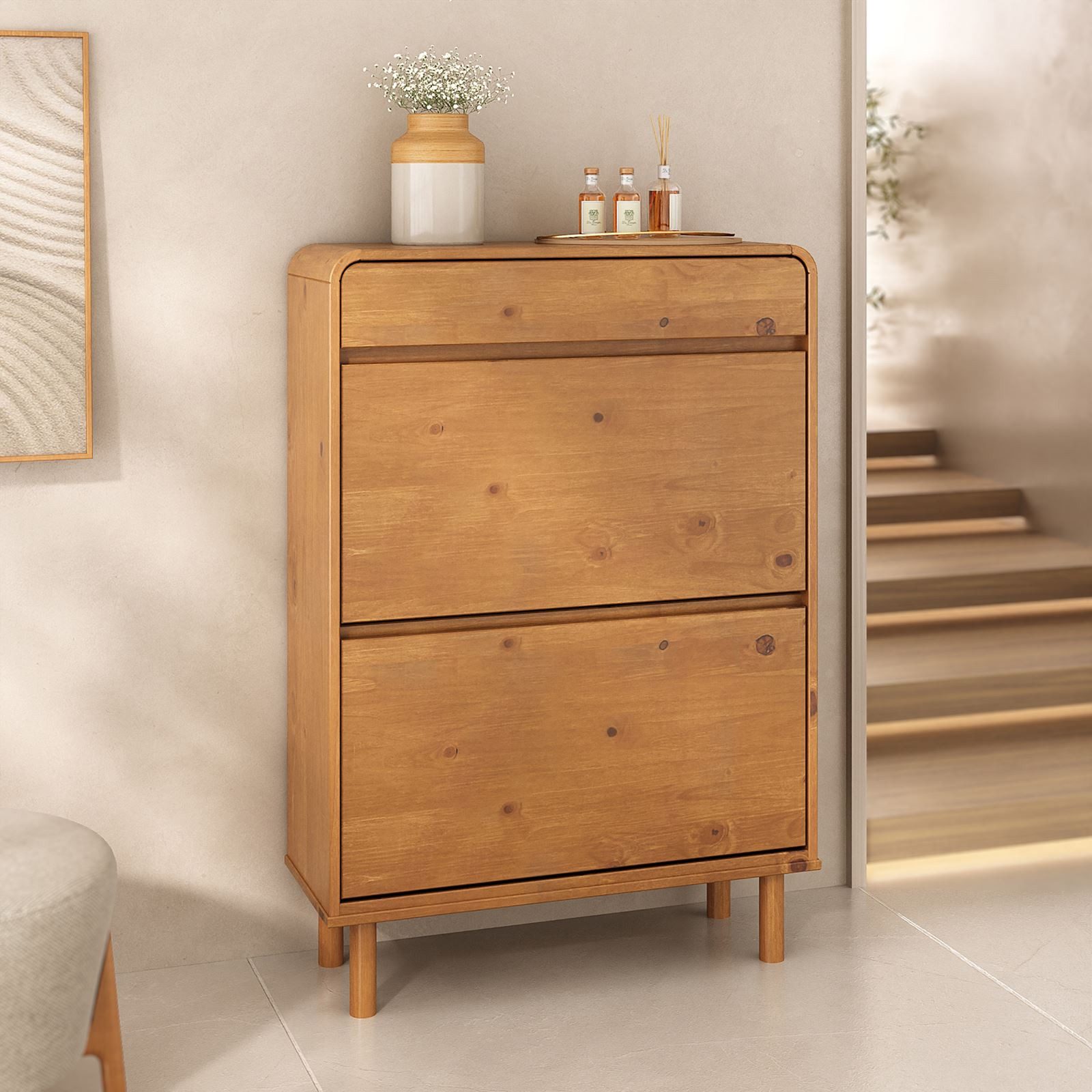 IDIMEX Schuhkommode NAEL, Schuhregal schmal Massivholz mit 2 Klappen & Schublade Eiche farben