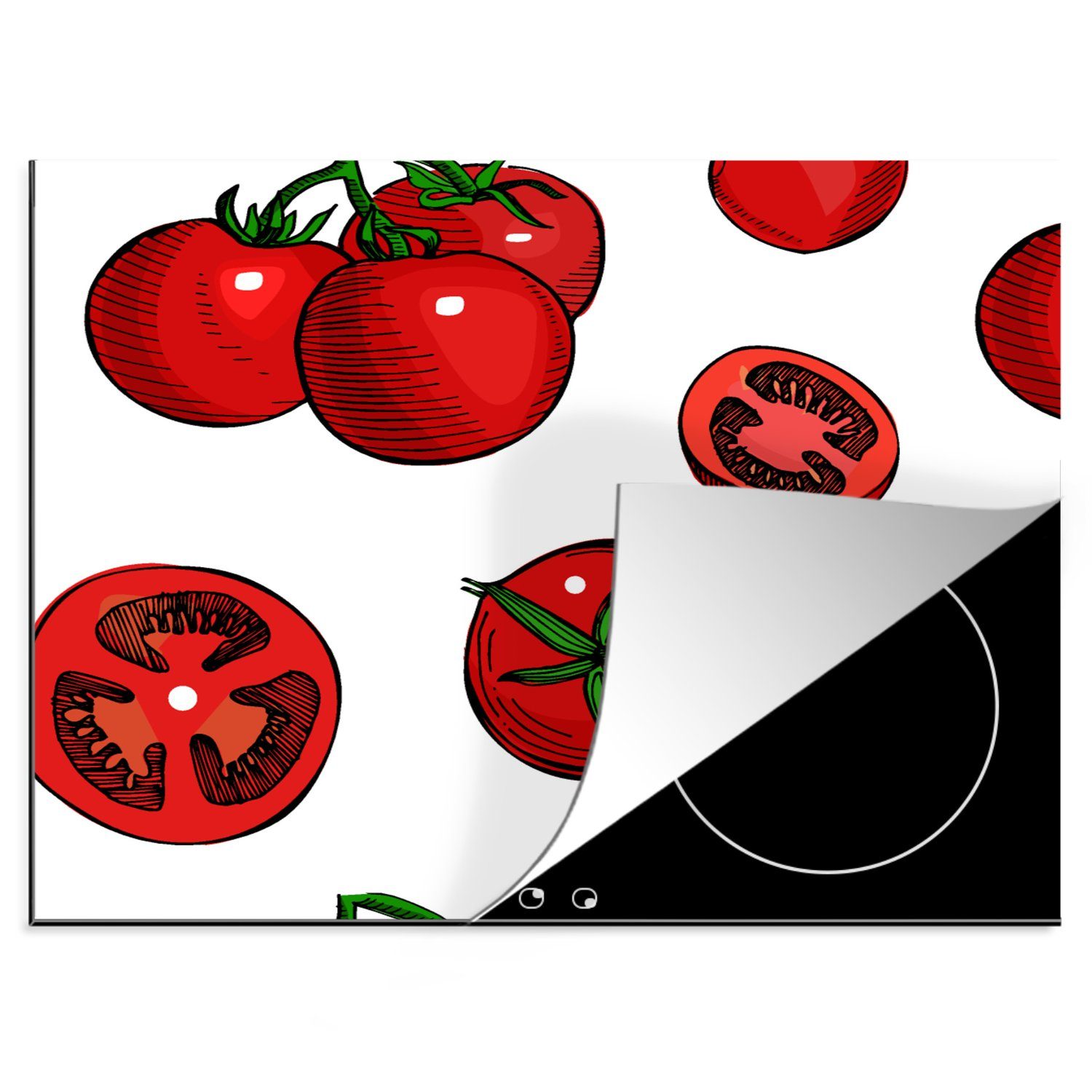MuchoWow Herdblende-/Abdeckplatte Rot - Muster - Tomaten, Vinyl, (1 tlg), 60x52 cm, Mobile Arbeitsfläche nutzbar, Ceranfeldabdeckung