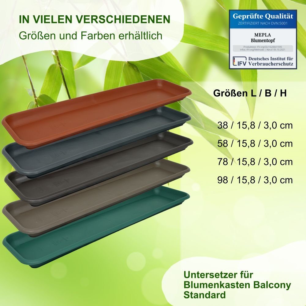 UV-beständigem Grün, Standard Balcony cm, wetterfest Breite 38 cm, Länge Kunststoff Balkonkasten aus Heimwerkercenter MePla Untersetzer 15,8