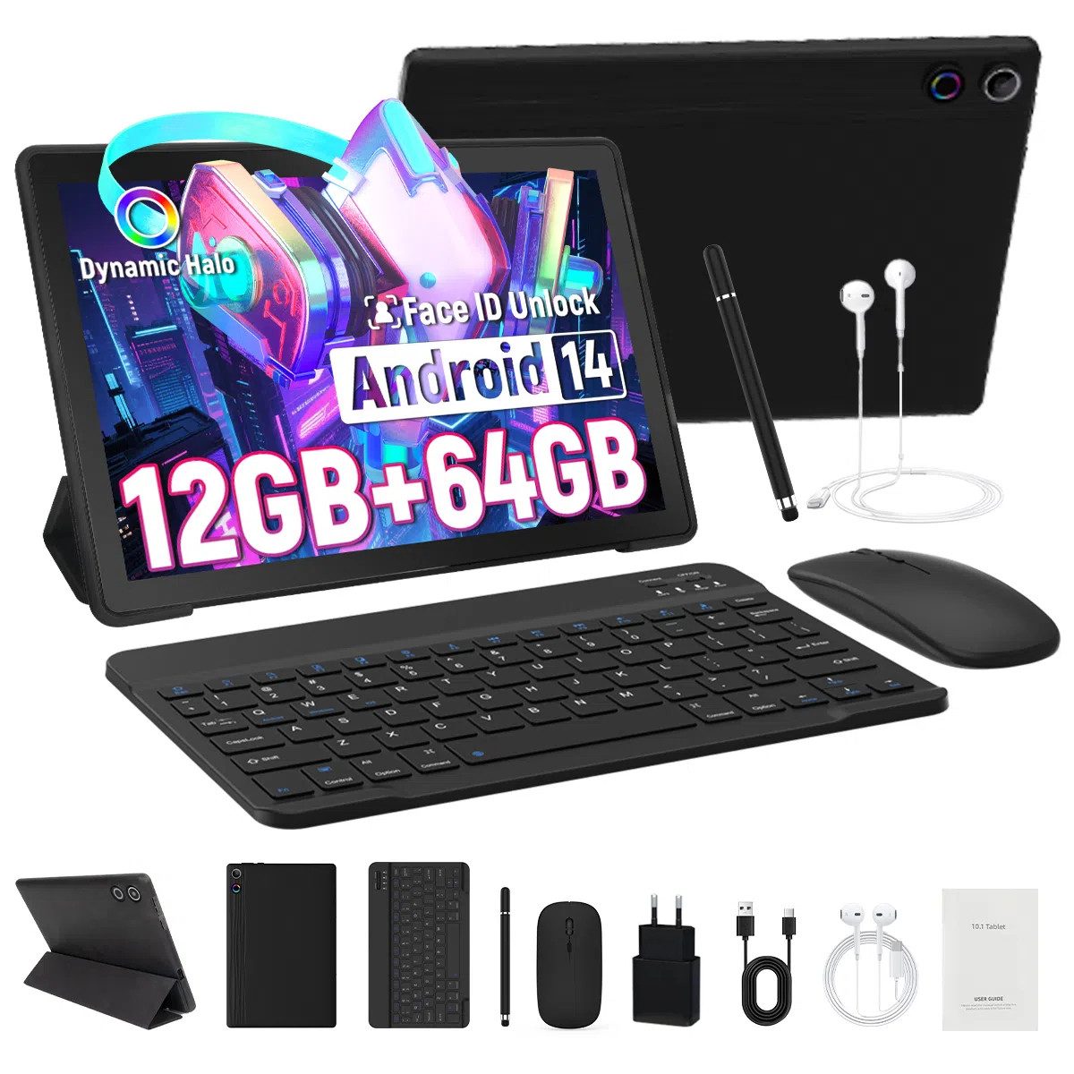 BUFO 10'' Android 14 8-Kern-Prozessor 64GB mit Tastatur Stift Maus Hülle Tablet (10", 64 GB, Android 14, WiFI 6, HD IPS, Widevine L1, 5000mAh, mit Tastatur/Stift/Maus/Hülle/Kopfhörer)