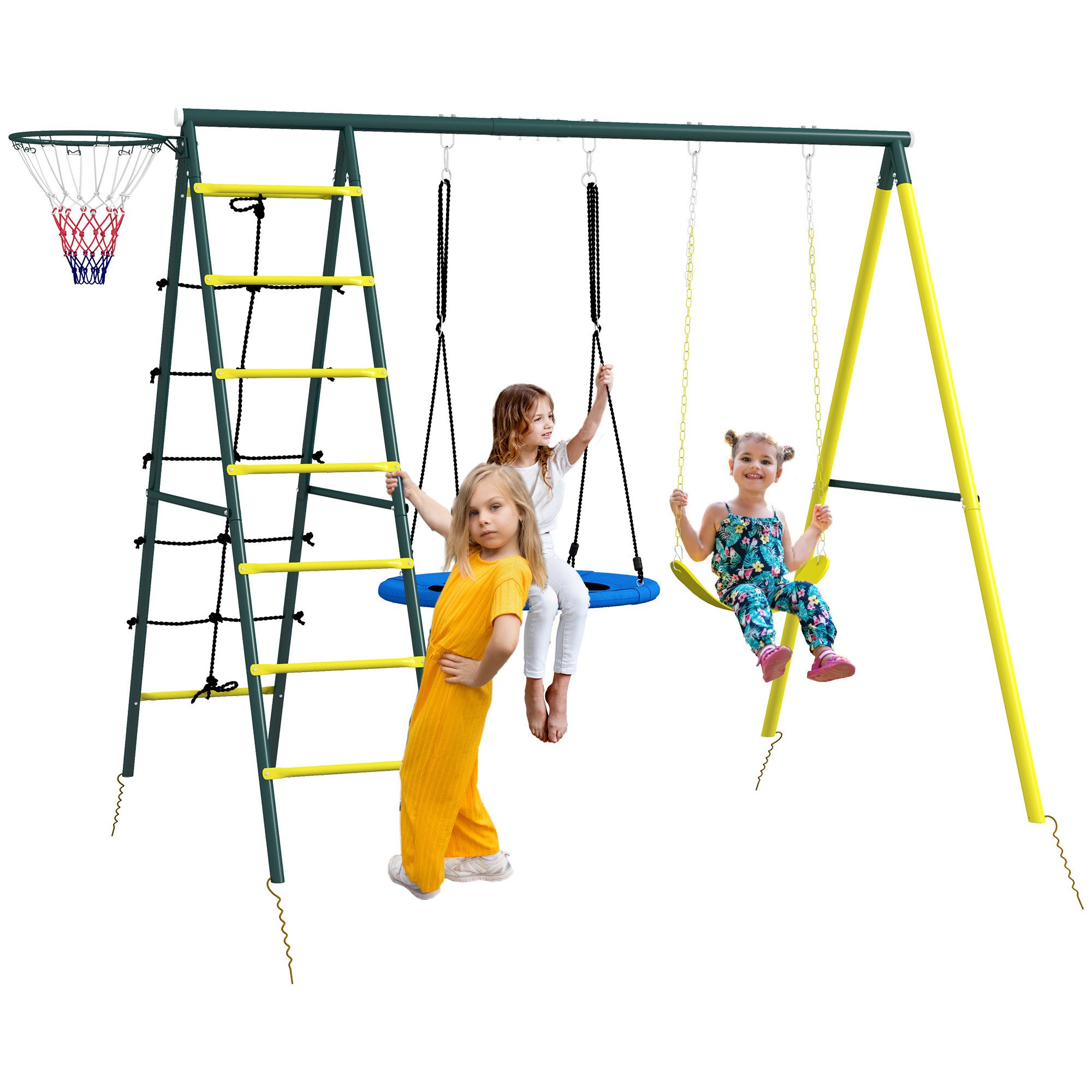 Outsunny Einzelschaukel Kinderschaukel-Set Schaukelgestell mit Schaukeln Basketballkorb Leiter, (Schaukelgerüst, 1-tlg., Gartenschaukel), für Kinder 3-8 Jahre, Stahl, 2,67 x 1,8 x 2,02 m