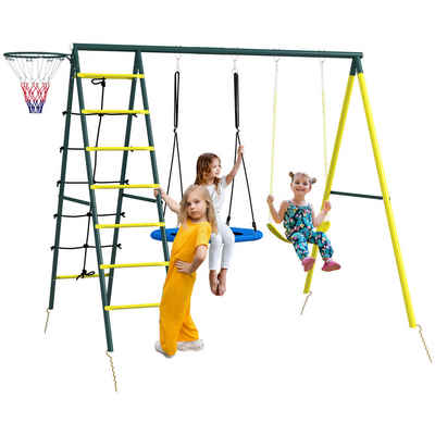 Outsunny Einzelschaukel Kinderschaukel-Set Schaukelgestell mit Schaukeln Basketballkorb Leiter, (Schaukelgerüst, 1-tlg., Gartenschaukel), für Kinder 3-8 Jahre, Stahl, 2,67 x 1,8 x 2,02 m