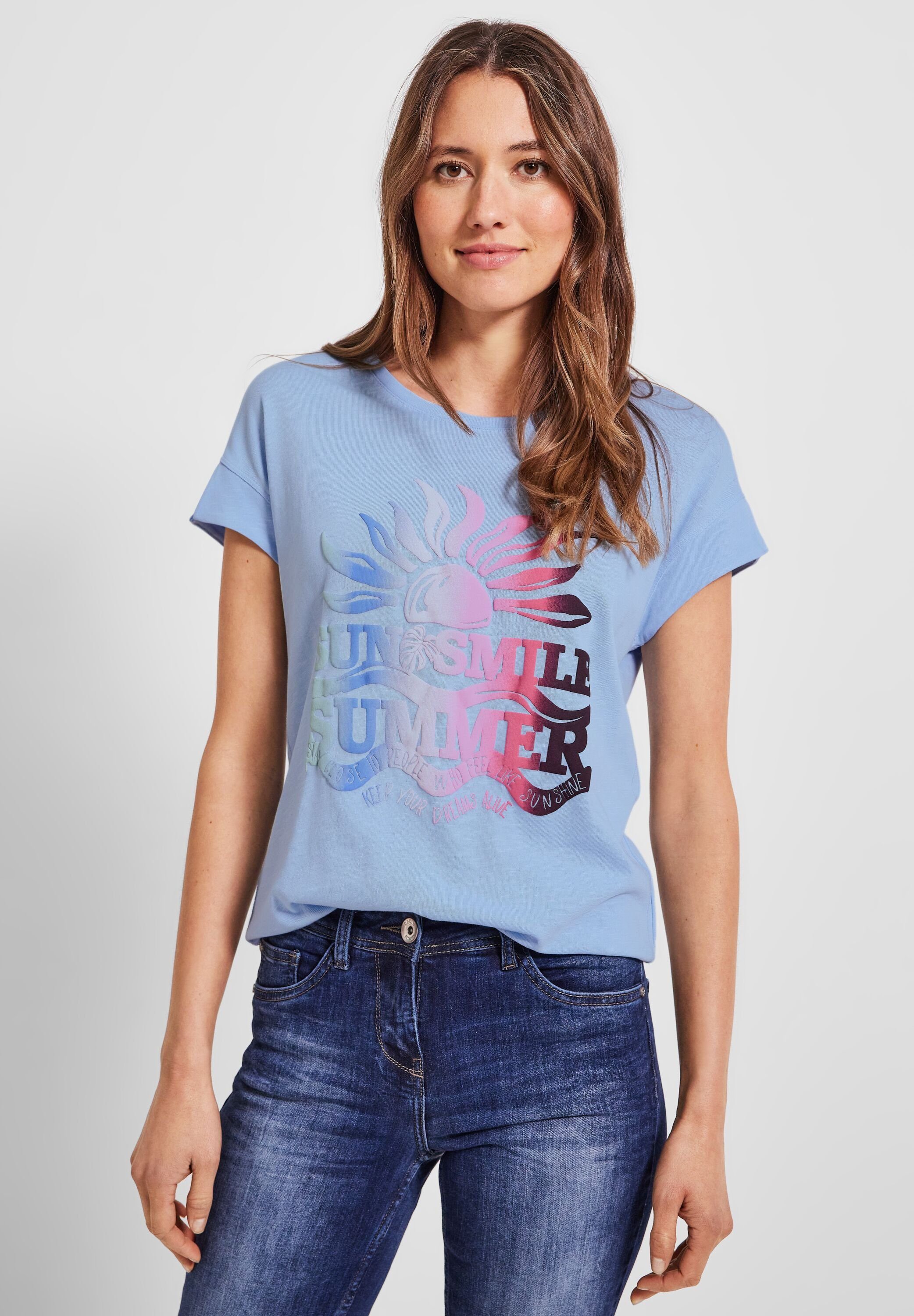Cecil blau (1-tlg), Damen T-Shirt Langarmshirt