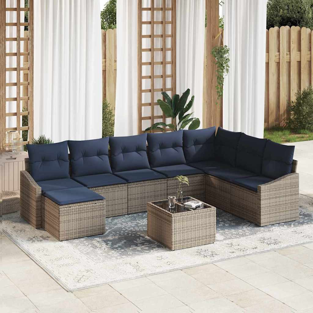 vidaXL Gartenlounge-Set Gartensofa-set mit Kissen 8 pcs Grau und Marineblau Poly-Rattan, (8-tlg)