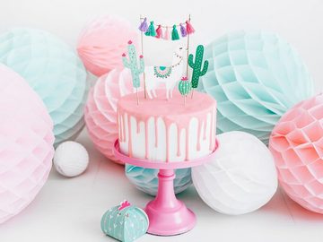 partydeco Tortenstecker, Kuchen Topper Lama und Kakteen 9-20cm weiß grün rosa 5er Set