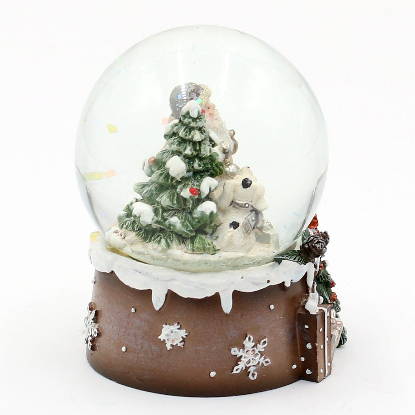 Dekohelden24 Schneekugel Schneekugel Weihnachtsmann mit auf verzi und Hund aufwendig Tannenbaum St) (1