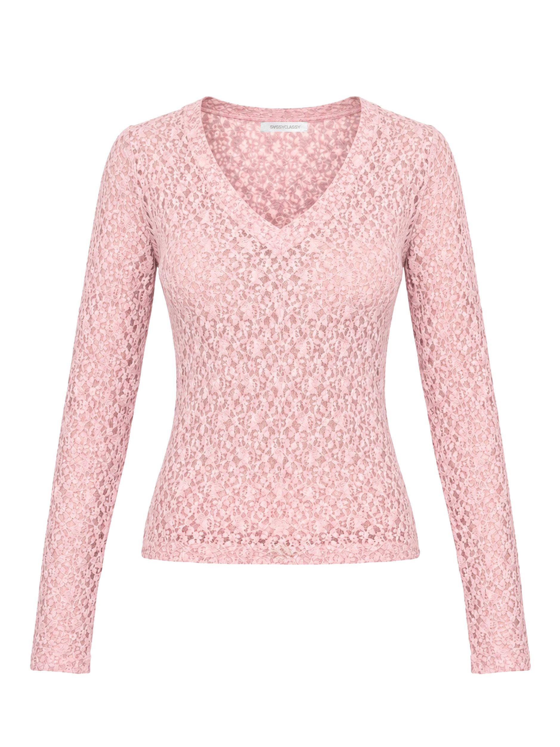 SASSYCLASSY Langarmshirt Spitzenshirt mit V-Ausschnitt für Damen Elegantes Langarmshirt mit floralem Muster in leichter Transparenz