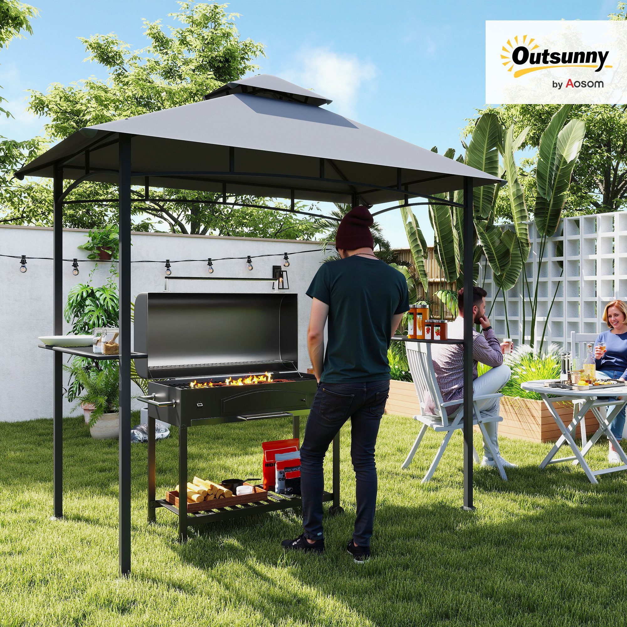 Outsunny Grillpavillon Balkonpavillon mit Ablagen Flammhemmendes Doppeldach, mit 4 Seitenteilen, (Gartenzelt, Grillpavillon), für Garten, Balkon, Grau