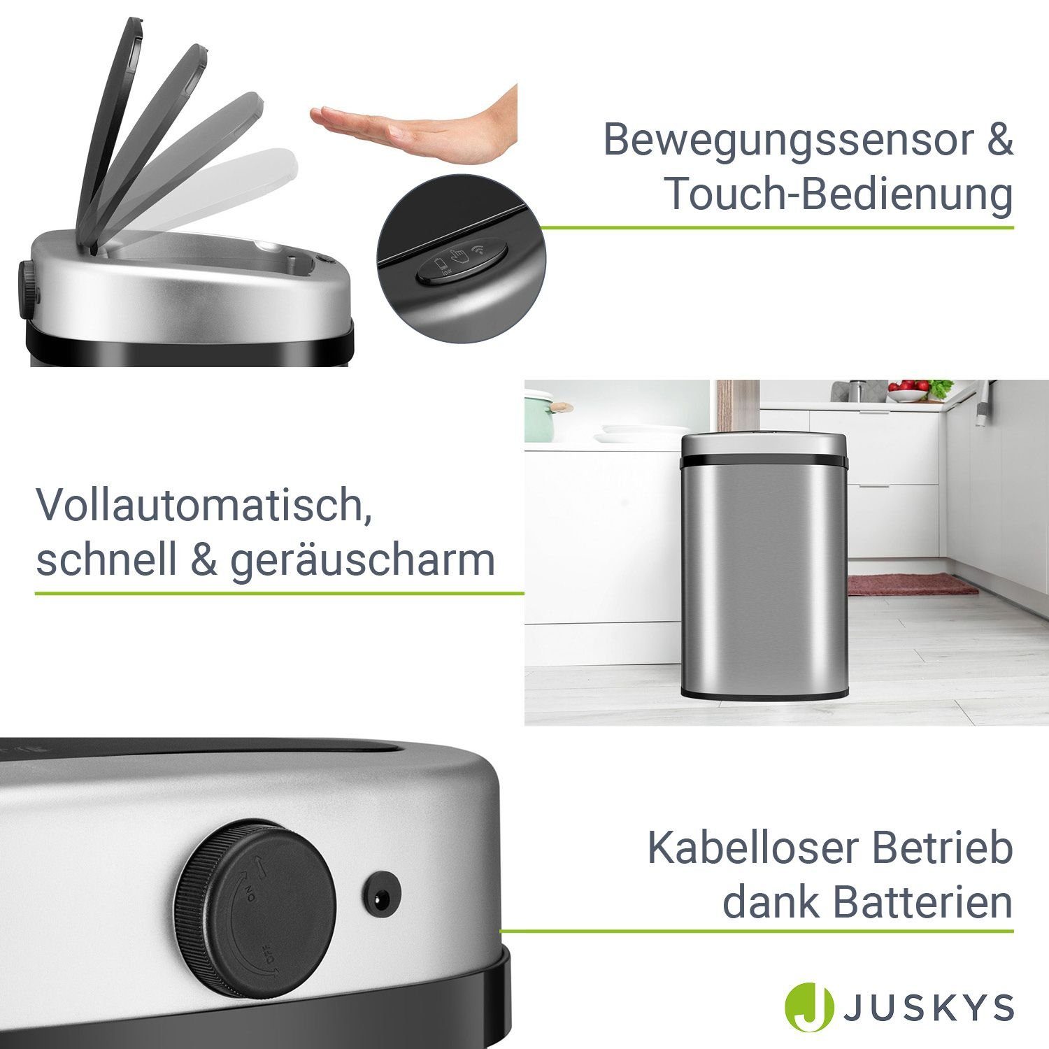 geräuscharm batteriebetrieben, Juskys intelligenter Sensor, Silber rostfrei, 50 L, Mülleimer,