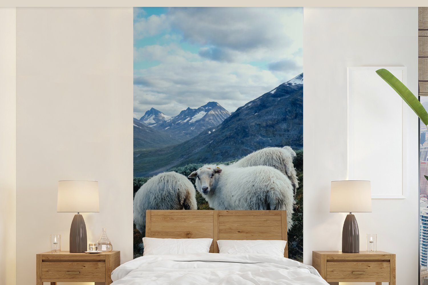 Schlafzimmer Natur Schafe Berge, Matt, Fototapete für Fototapete Wohnzimmer - Küche, - MuchoWow (2 St), Vliestapete bedruckt,