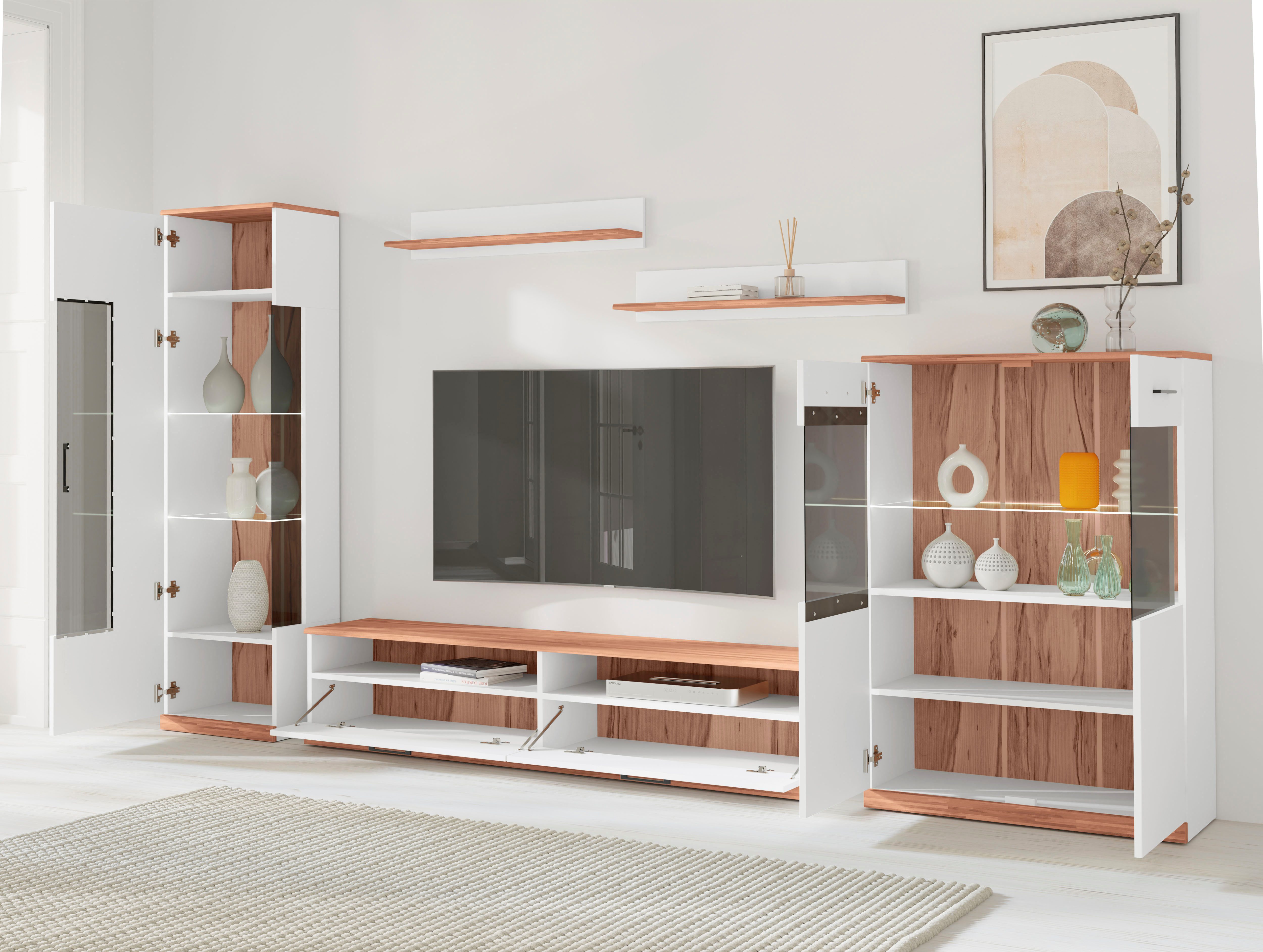 OTTO home Wohnwand Ribe: 5teilig, Breite: 280cm,Fronten aus Massivholz,Korpus aus Melamin, (Set, 5-St), Glaseinsatz aus gehärtetem Glas, Einlegeböden teilweise verstellbar