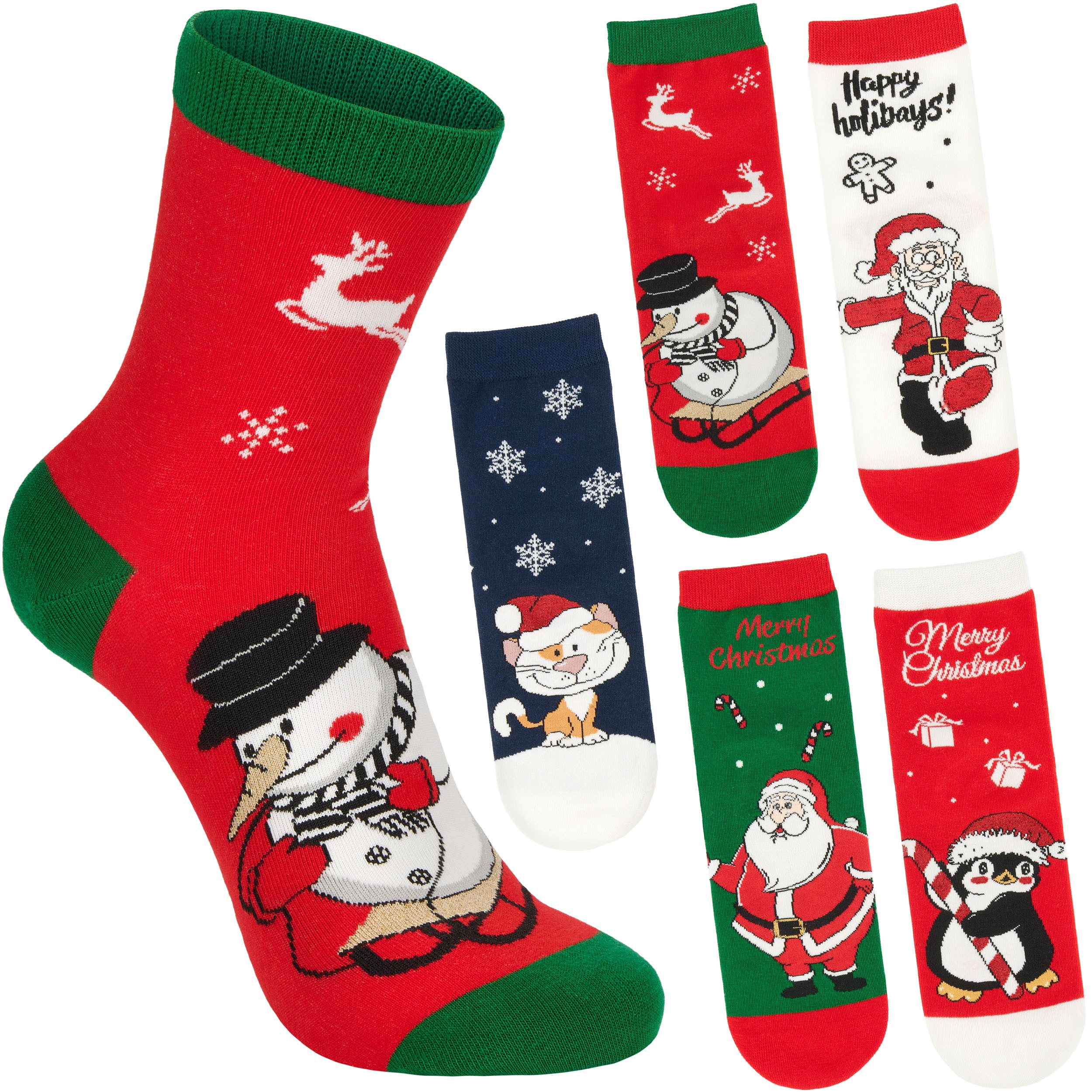 BRUBAKER Socken Damen Weihnachtssocken - Weihnachtsmann, Katze, Pinguin & Schneemann (Bunte Baumwollsocken für Frauen - Geschenkset, 5-Paar, Kuschelsocken mit humorvollen Sockenmotiven) Lustige Damensocken für Weihnachten & Nikolaus