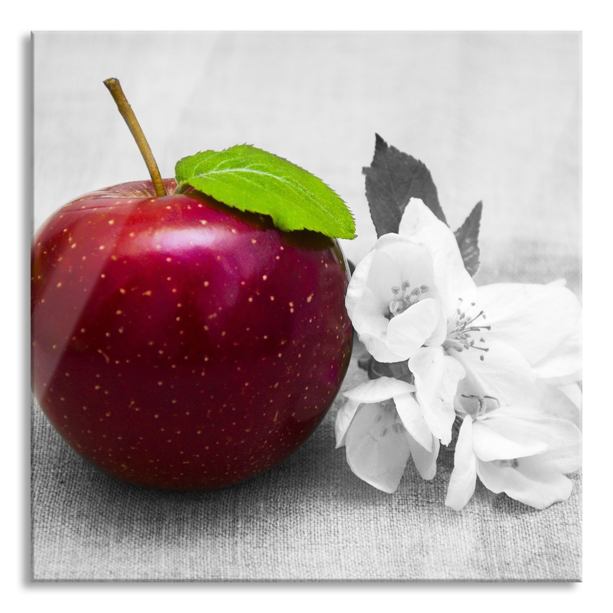 Pixxprint Glasbild Schöner roter Apfel mit Blüten, Schöner roter Apfel mit Blüten (1 St), Glasbild aus Echtglas, inkl. Aufhängungen und Abstandshalter