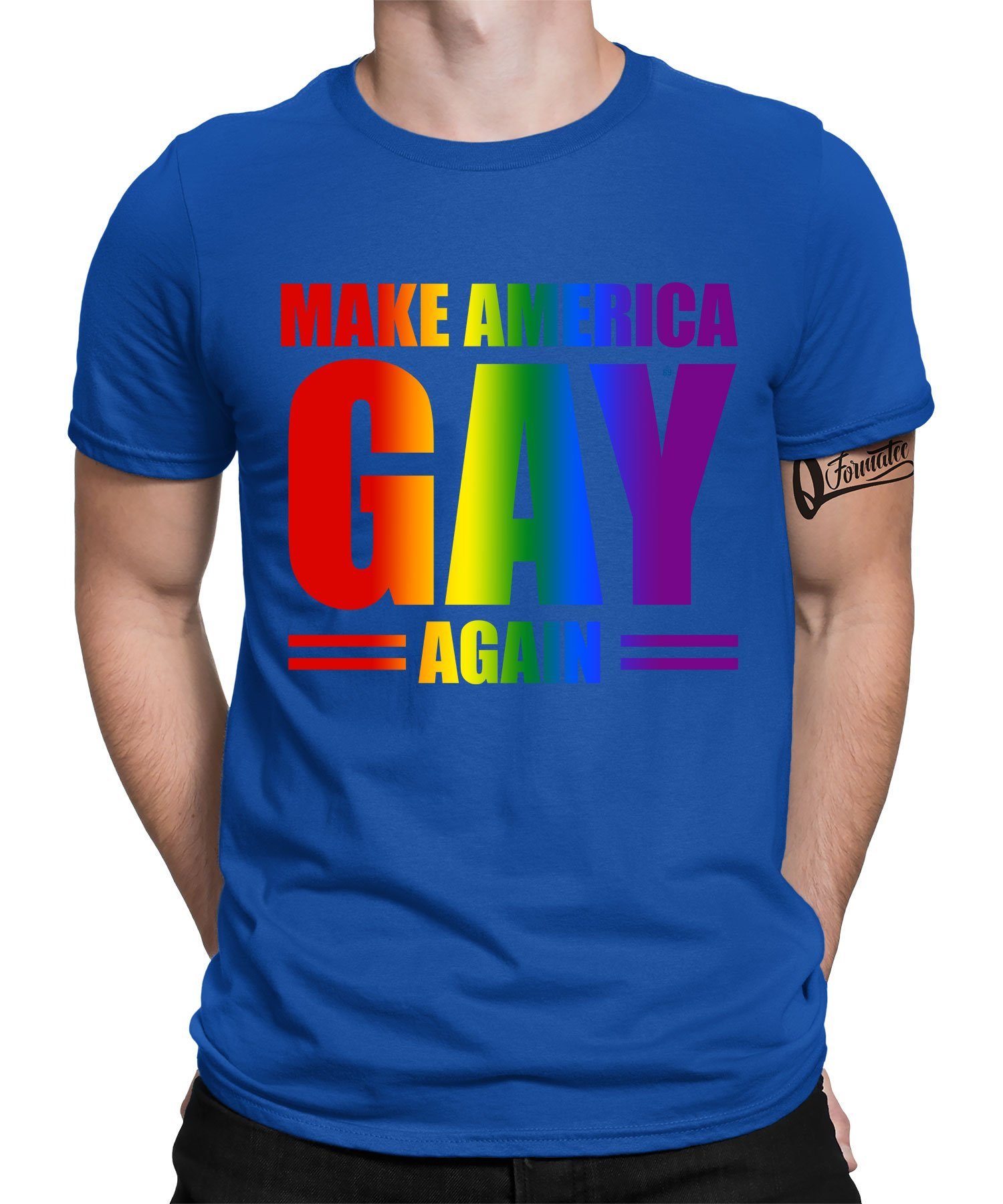 Gay Quattro Pride Blau Kurzarmshirt T-Shirt LGBT Gay (1-tlg) Again - Stolz Formatee Herren America Regenbogen