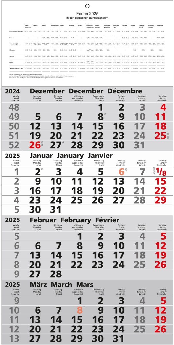 GÜSS Kalender Wandkalender 4-Monatskalender 30x60cm 2026