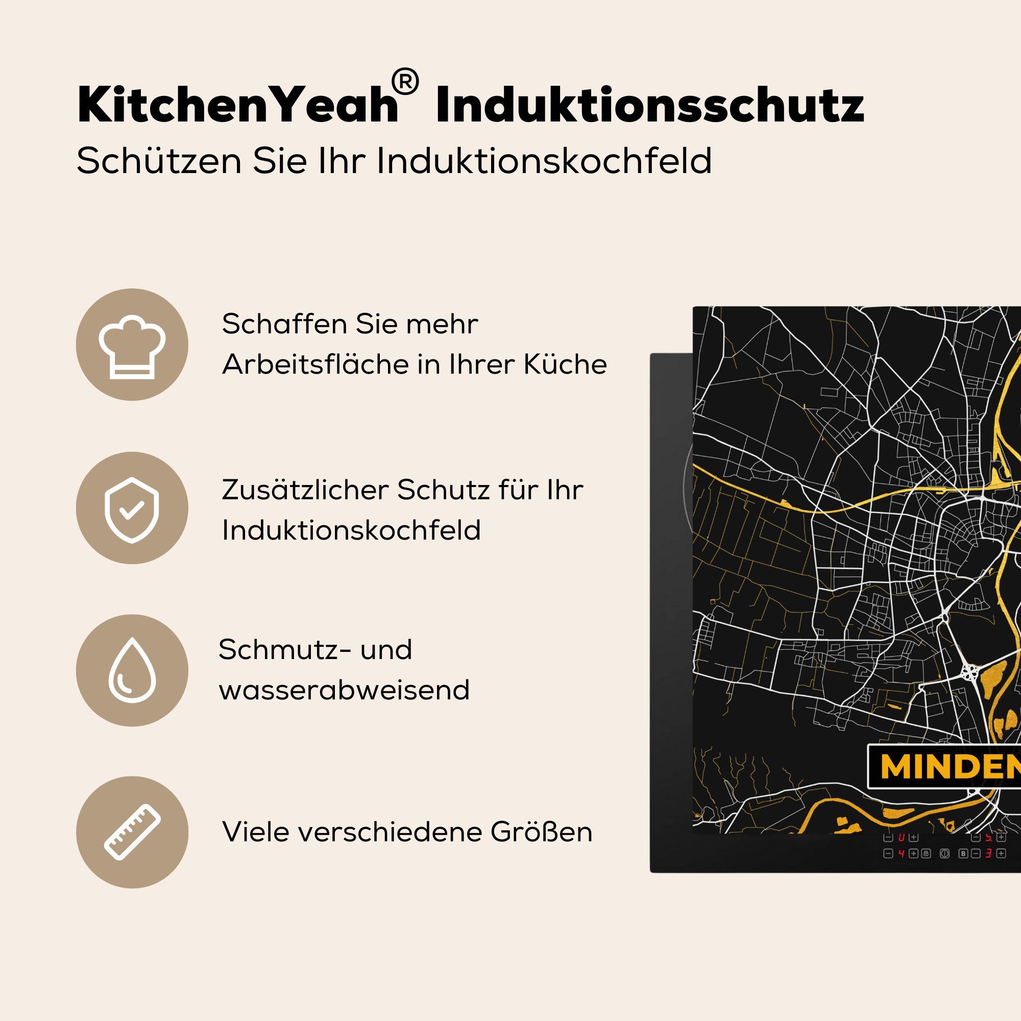 Gold cm, Arbeitsplatte für MuchoWow Karte - (1 Minden, Herdblende-/Abdeckplatte - Deutschland küche tlg), Vinyl, Ceranfeldabdeckung, - 78x78