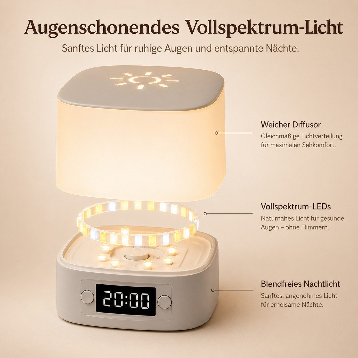 Fyrove Nachtlicht mit Uhr & Wecker, dimmbare Nachttischlampe mit Fernbedienung & Touch, 3 Lichtfarben, wiederaufladbare Stilllampe, Baby Nachtlicht, Stimmungsli – Bild 2 von 5