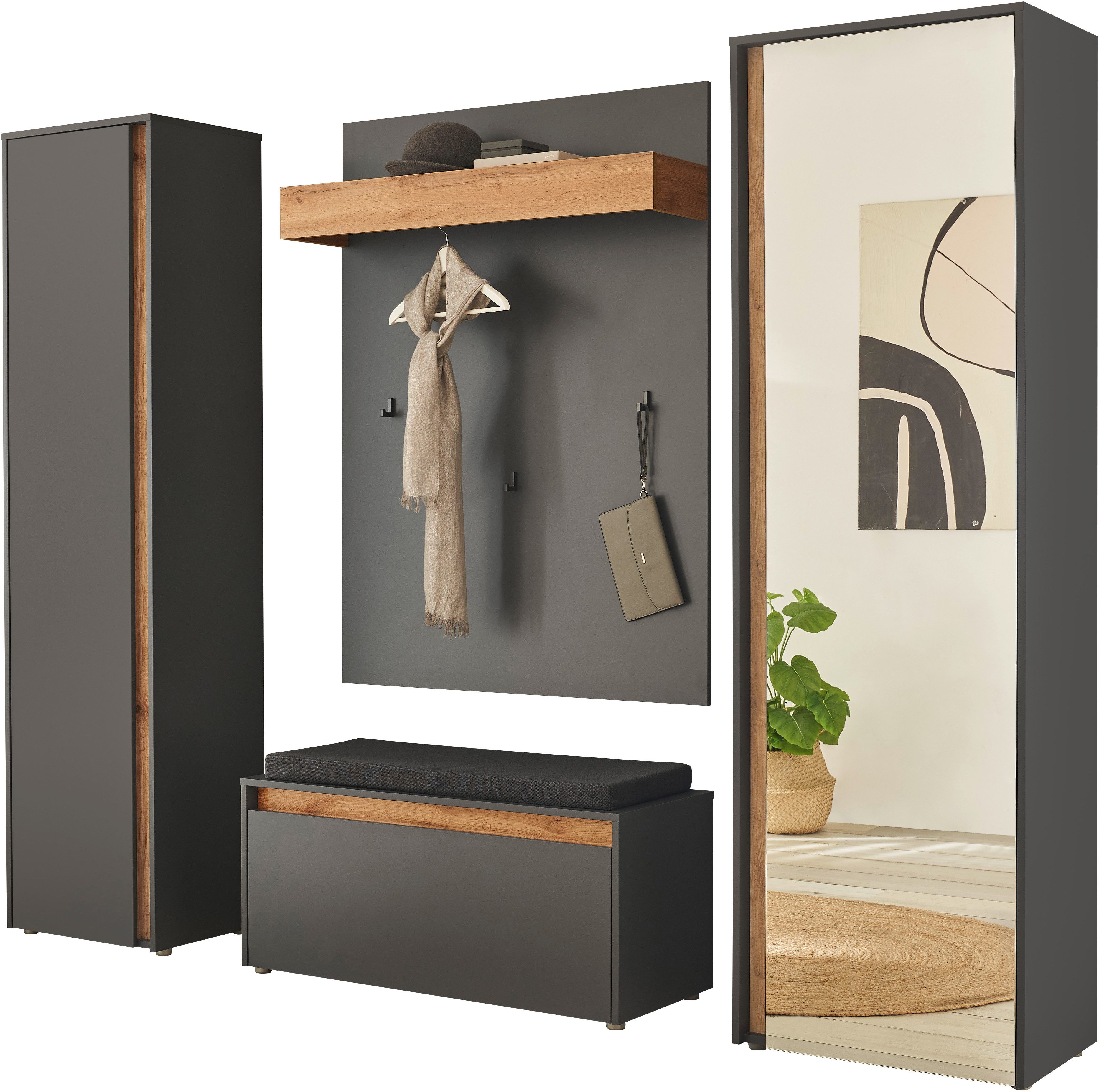 Home affaire Garderoben-Set GIRON/CiTY, moderne Garderobe, Komplettset mit viel Stauraum, (Komplett-Set, 4-St), enthält Garderobenschränke, Paneel & Schuhbank + – Bild 3 von 5