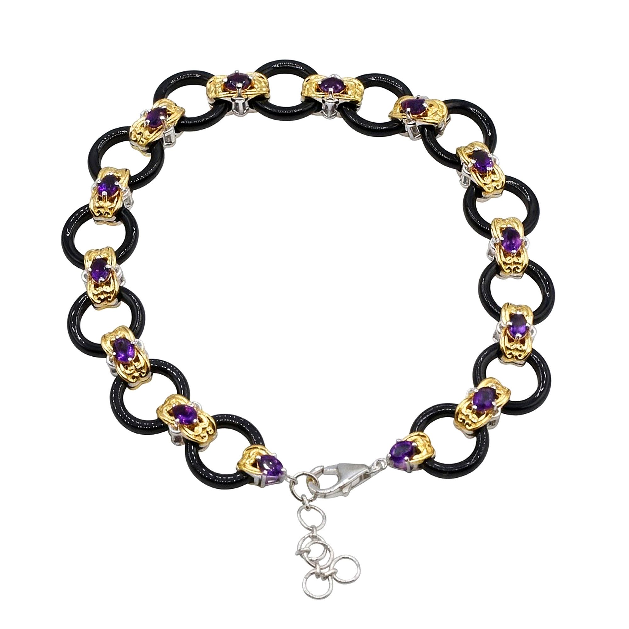 Silberarmband Armband aus Sterlingsilber mit Onyx und Amethyst