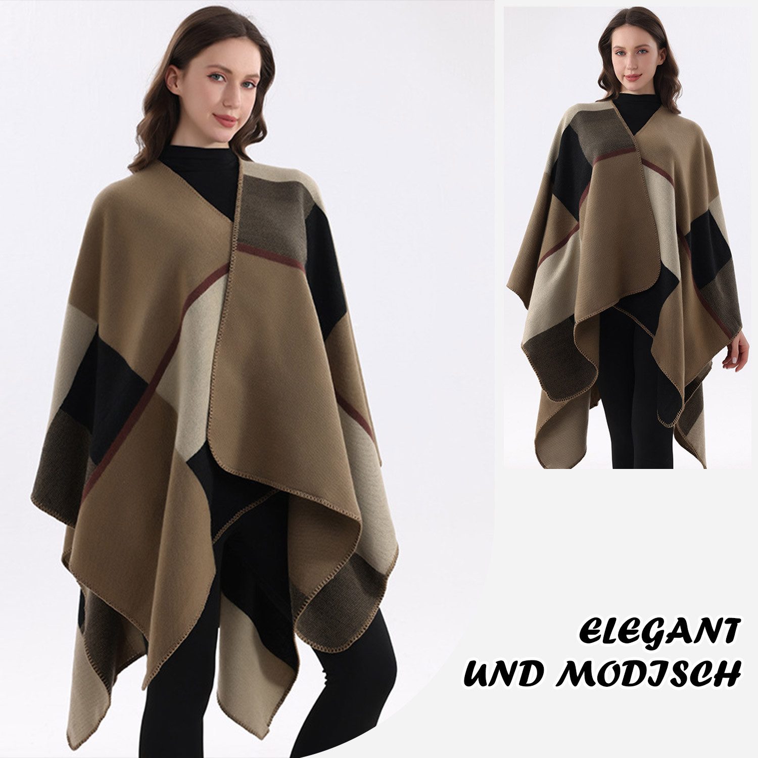 Refttenw Poncho Damen Sommer, Klassischer Karo Wickelponcho, Asymmetrisch 160x135cm, Dicker Stoff Wärmend für Klimatisierte Räume