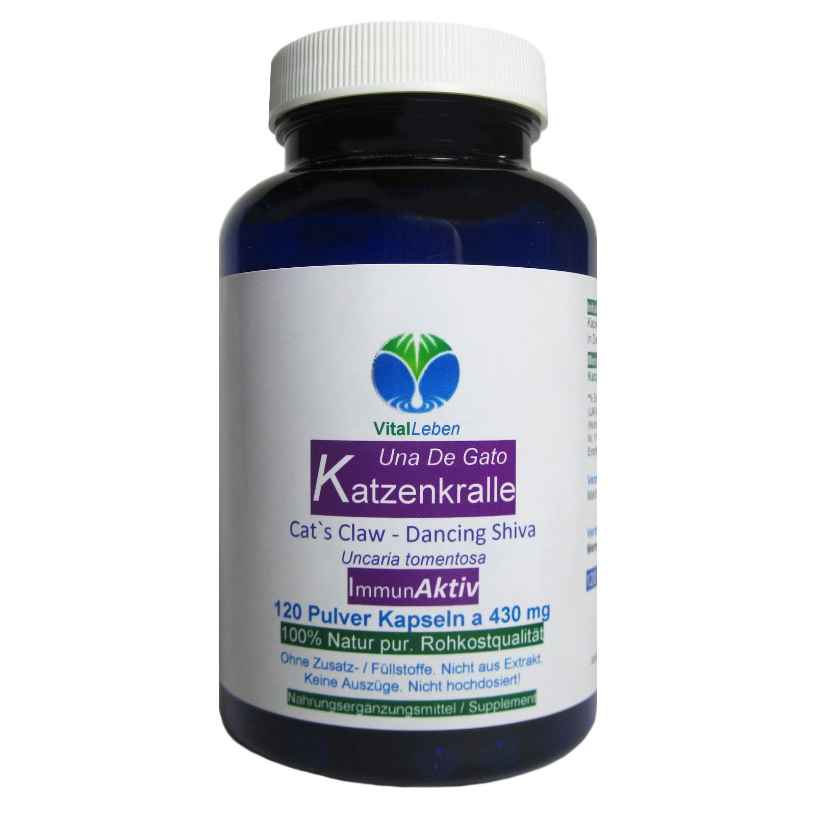 VitalLeben Katzenkralle Una De Gato NATUR pur OHNE Zusatzstoffe Kapseln, 1 er Dose à 120 St., 51,6 g, Art. 26900-120