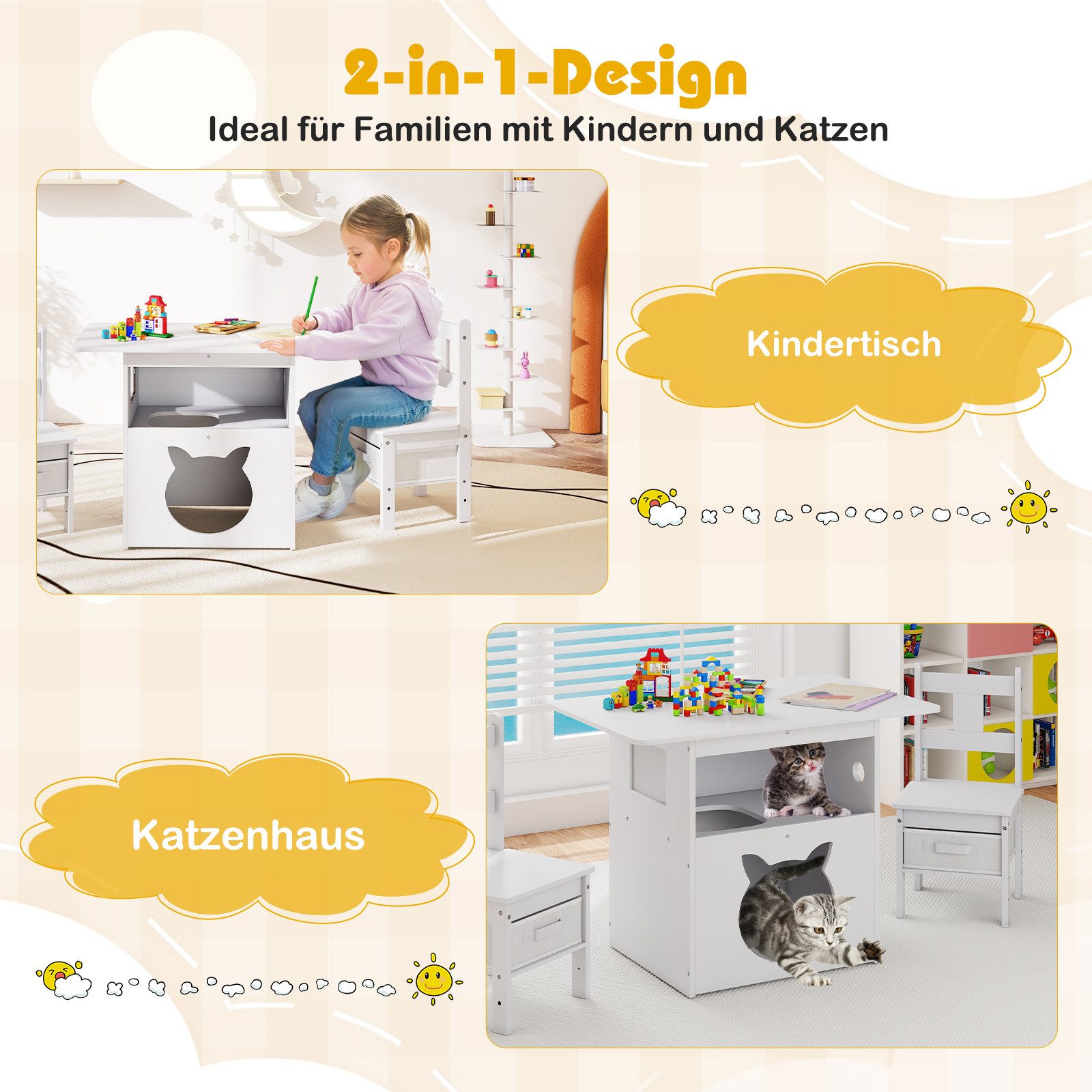 COSTWAY children's seating set (3-piece), chairs with fabric storage boxes, cat hole