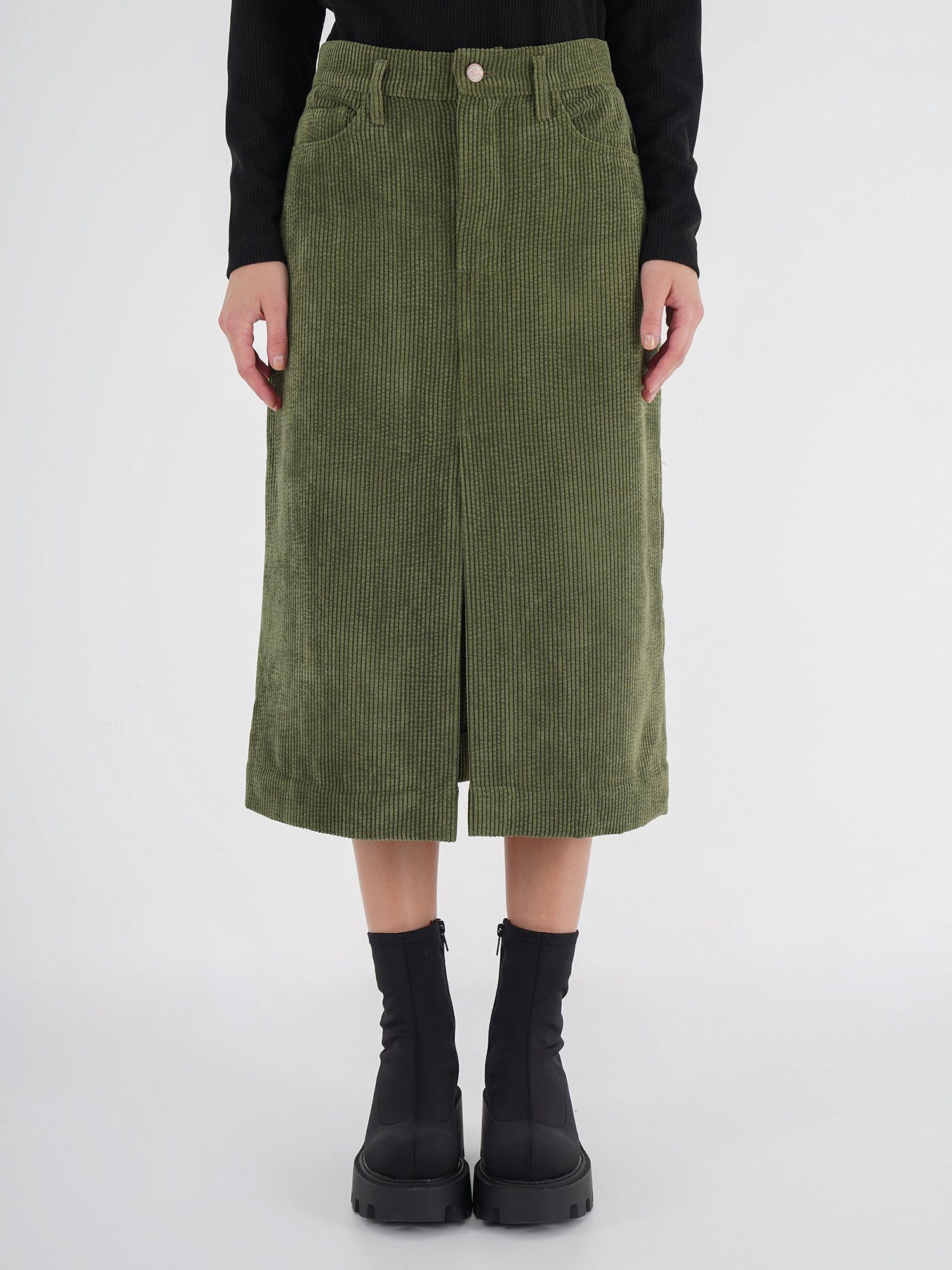 Corduroy Midi khaki Skirt Slit Cordrock Freshlions Freshlions