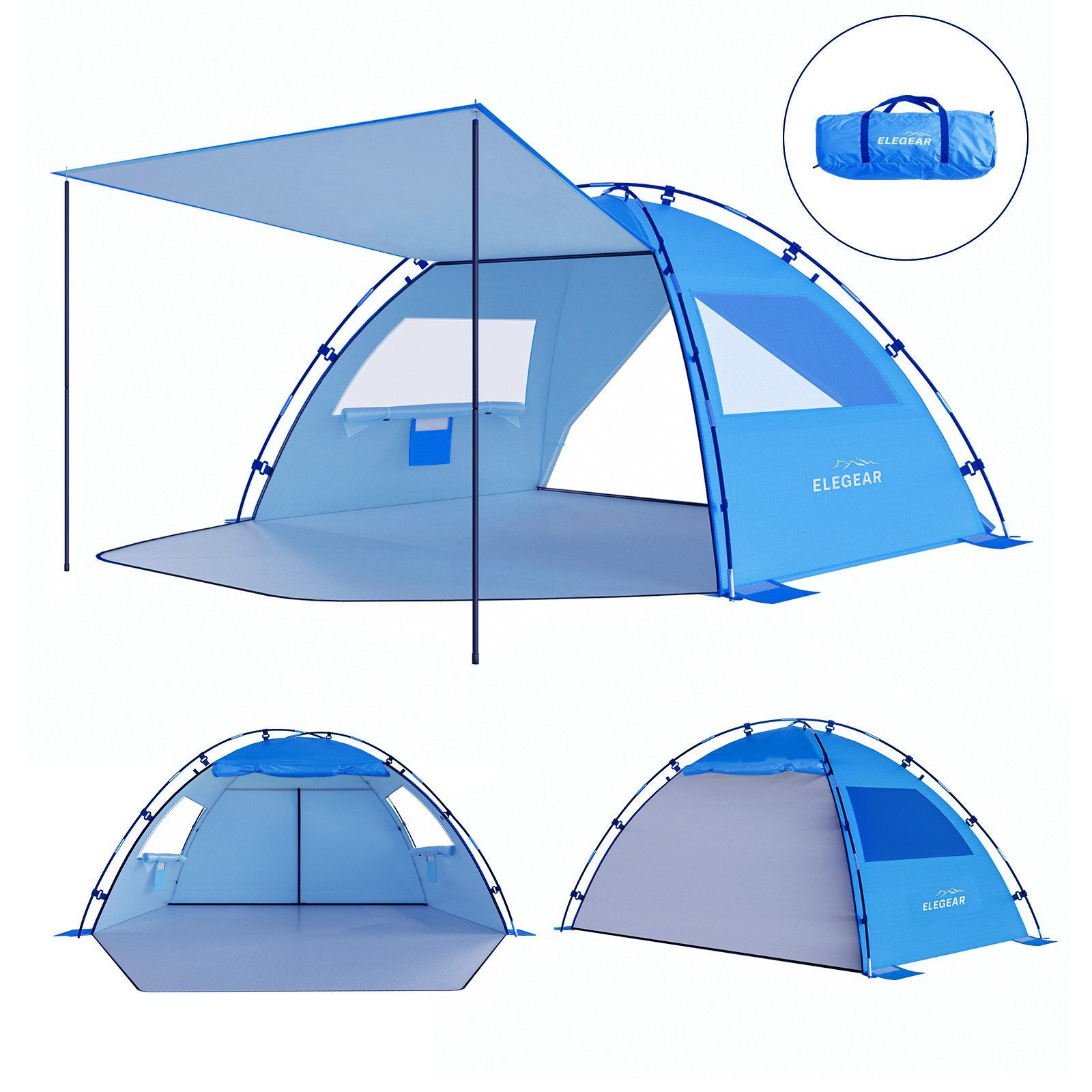 Elegear Strandmuschel mit Sonnendach für 4-5 Personen, Pop Up Strandzelt (UV Schutz UPF 50), Personen: 4 (1 tlg), Strandmuschel Tragbares mit Sandsäcken, Erdspießen und Seilen
