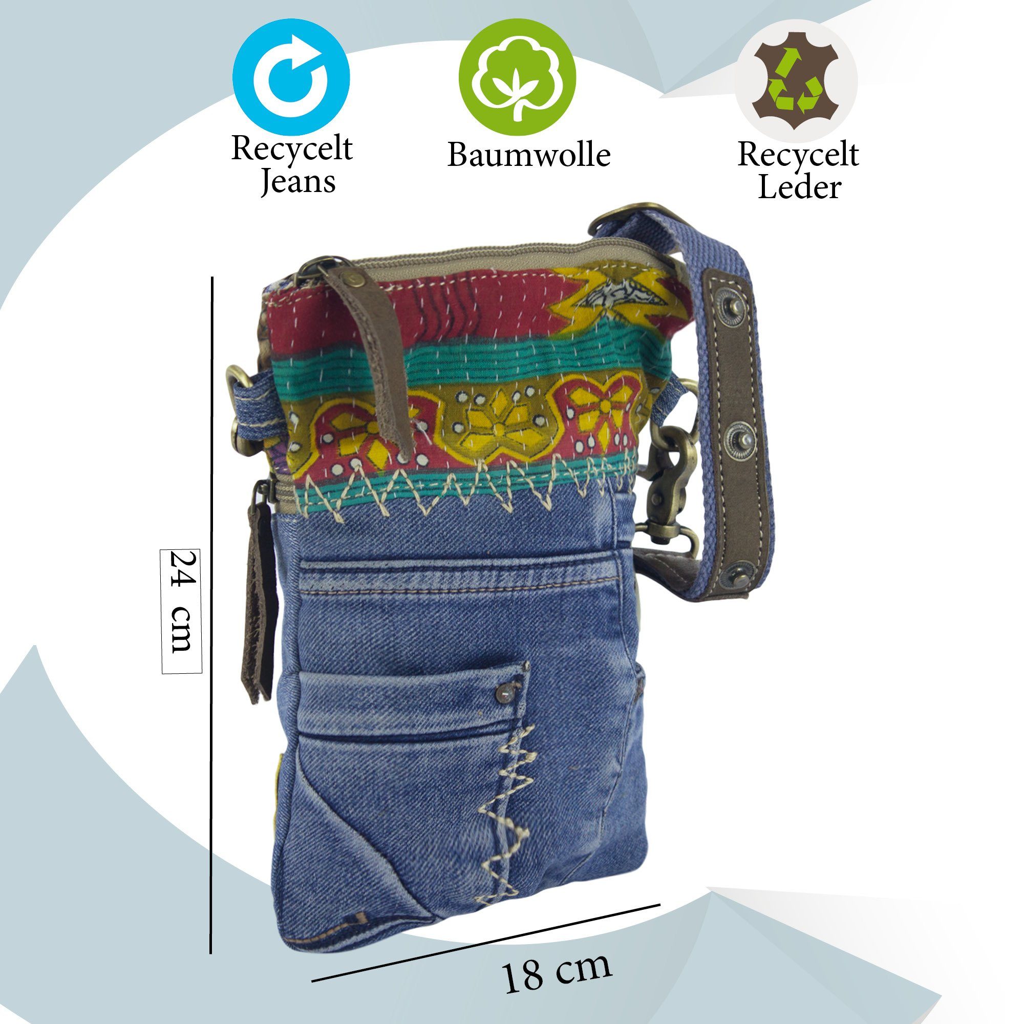 Sunsa Umhängetasche Damen kleine Schultertasche Tasche aus Recycling Jeans & used Sari, Aus recycelten Materialien