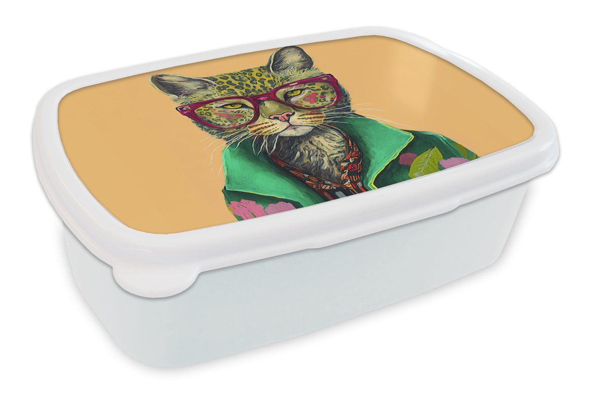 MuchoWow Lunchbox Tiere - Katze - Brille - Blumen - Hippie, Kunststoff, (2-tlg), Brotbox für Kinder und Erwachsene, Brotdose, für Jungs und Mädchen weiß