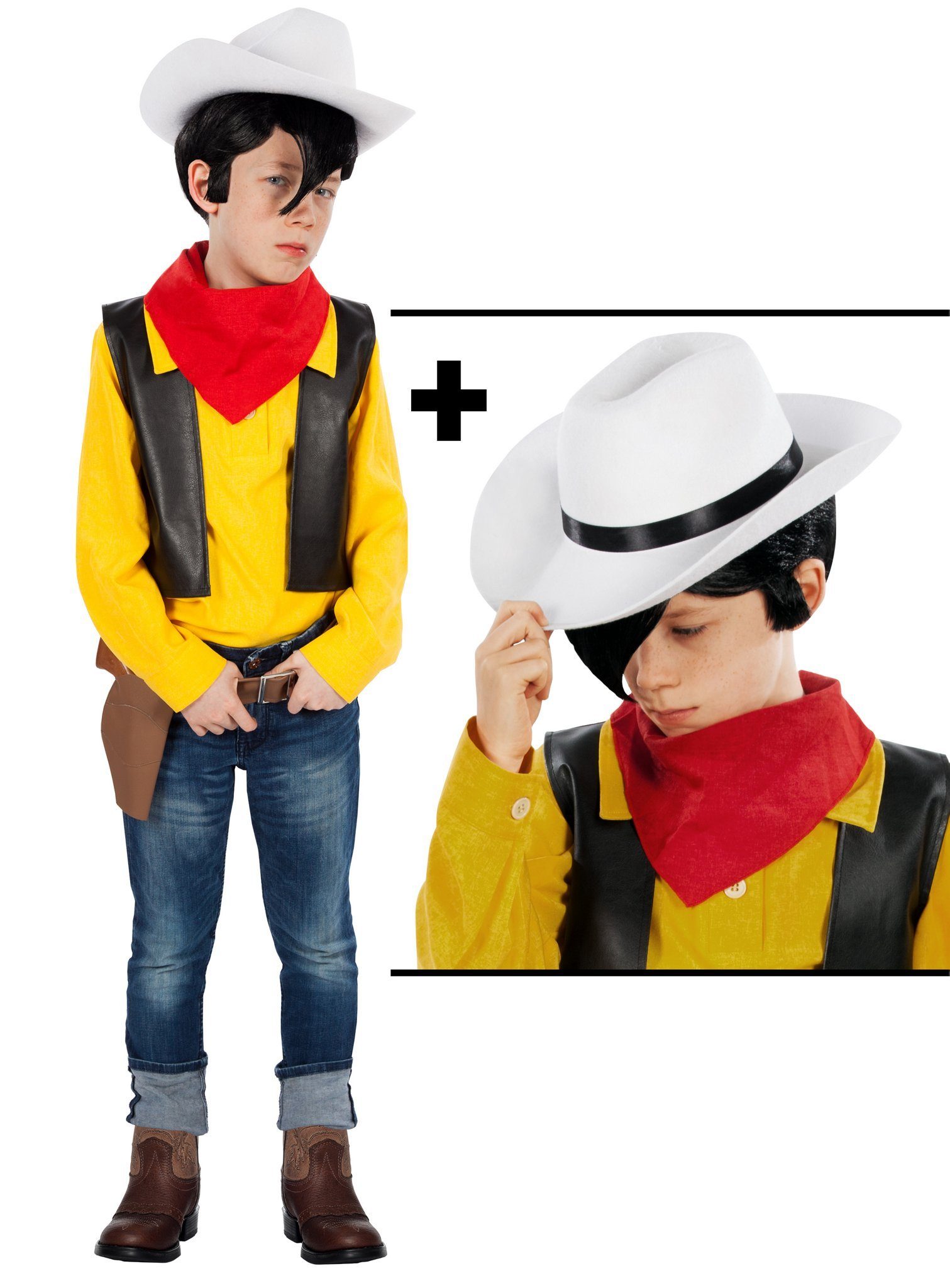 Maskworld Cowboy-Kostüm Lucky Luke Kinderkostüm mit Hut - Cowboy Fasching, Kostüm und Hut des berühmtesten Comichelden des Wilden Westens