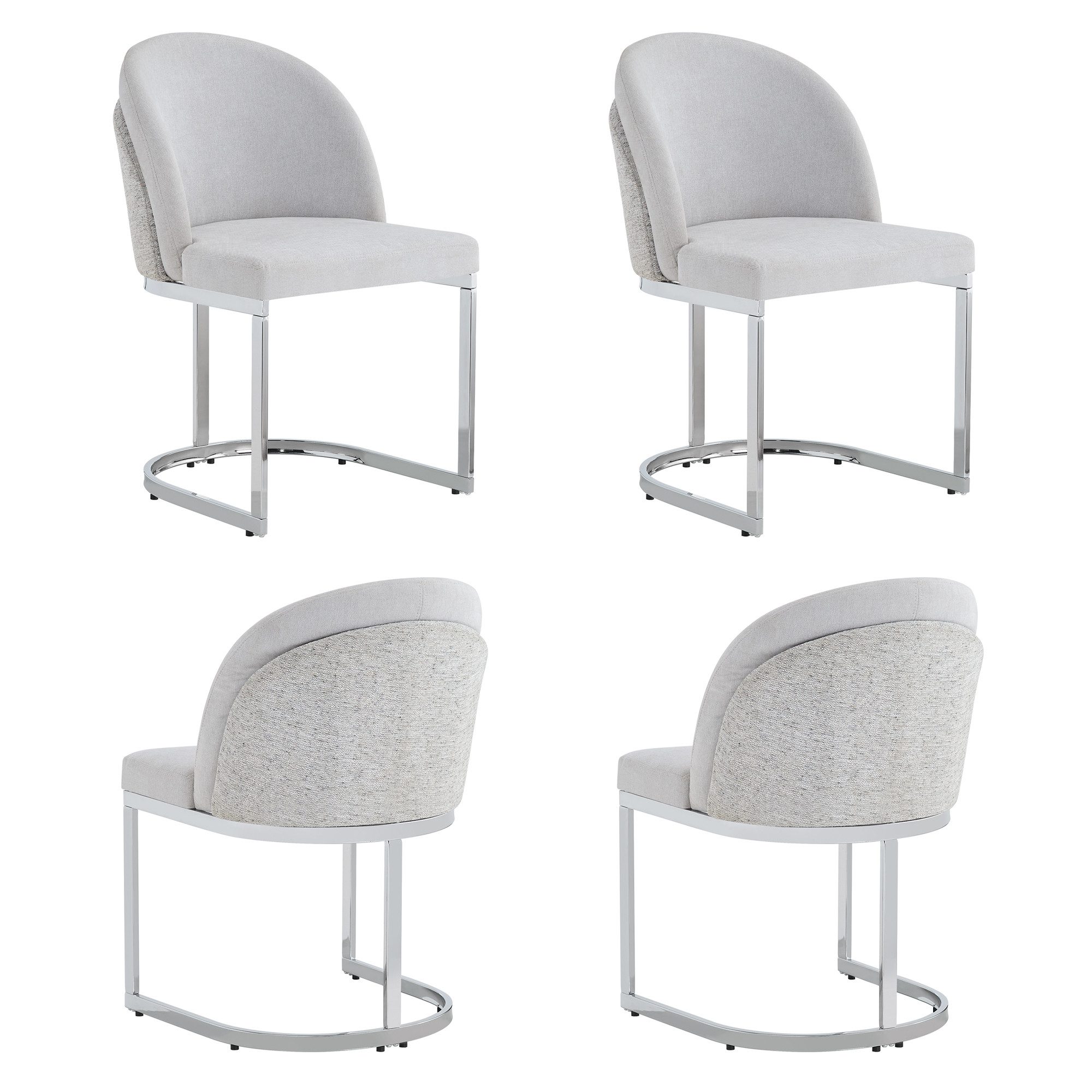 Flieks Freischwinger Bezug aus Chenille-Stoff, galvanisierte Metallbeine (mit verstellbaren Fußpolstern, Set, 4 St), 4er Set Esszimmerstühle Polsterstühle mit doppelte Rückenlehne Grau