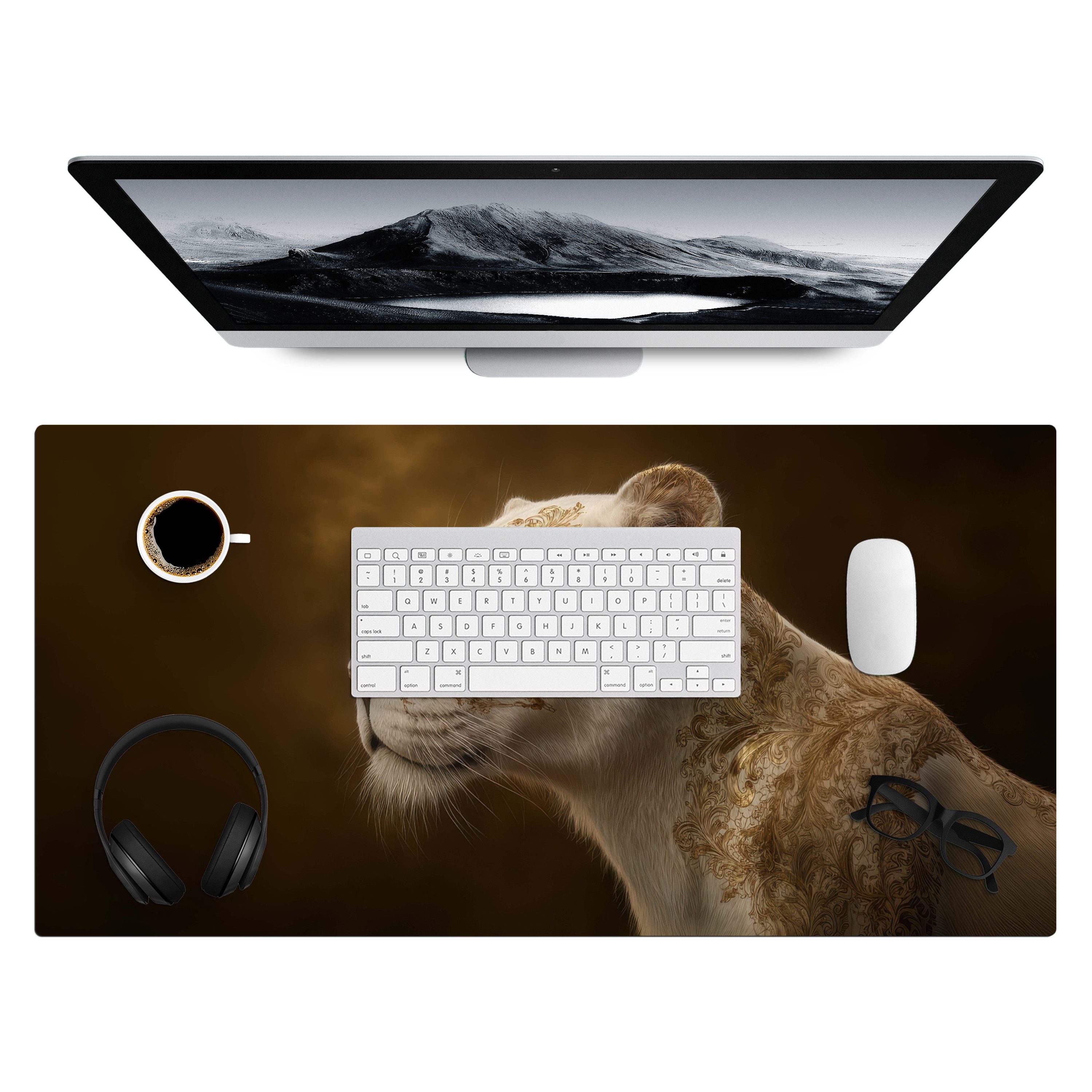 MuchoWow Gaming Mauspad Löwin - Blumen - Weiß - Gold (1-St), Gaming Mauspad XXL, Schreibtischunterlage, Desk Mat Groß, 80x40 cm